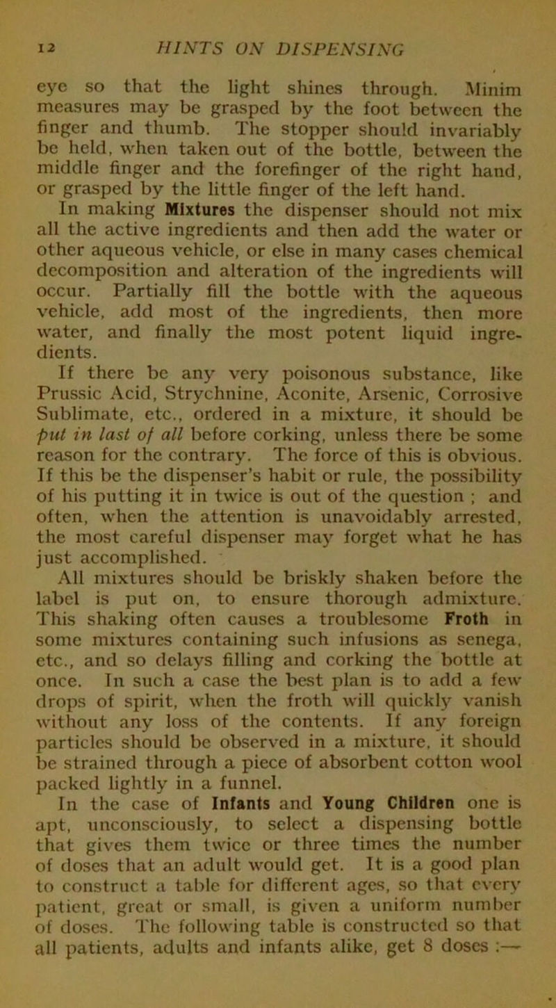 eye so that the light shines through. Minim measures may be grasped by the foot between the finger and thumb. The stopper should invariably be held, when taken out of the bottle, between the middle finger and the forefinger of the right hand, or grasped by the little finger of the left hand. In making Mixtures the dispenser should not mix all the active ingredients and then add the water or other aqueous vehicle, or else in many cases chemical decomposition and alteration of the ingredients will occur. Partially fill the bottle with the aqueous vehicle, add most of the ingredients, then more water, and finally the most potent liquid ingre- dients. If there be any very poisonous substance, like Prussic Acid, Strychnine, Aconite, Arsenic, Corrosive Sublimate, etc., ordered in a mixture, it should be put in last of all before corking, unless there be some reason for the contrary. The force of this is obvious. If this be the dispenser’s habit or rule, the possibility of his putting it in twice is out of the question ; and often, when the attention is unavoidably arrested, the most careful dispenser may forget what he has just accomplished. All mixtures should be briskly shaken before the label is put on, to ensure thorough admixture. This shaking often causes a troublesome Froth in some mixtures containing such infusions as senega, etc., and so delays filling and corking the bottle at once. In such a case the best plan is to add a few drops of spirit, when the froth will quickly vanish without any loss of the contents. If any foreign particles should be observed in a mixture, it should be strained through a piece of absorbent cotton wool packed lightly in a funnel. In the case of Infants and Young Children one is apt, unconsciously, to select a dispensing bottle that gives them twice or three times the number of doses that an adult would get. It is a good plan to construct a table for different ages, so that every patient, great or small, is given a uniform number of doses. The following table is constructed so that all patients, adults and infants alike, get 8 doses :—