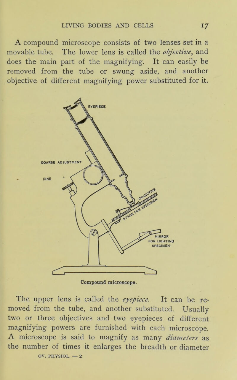 A compound microscope consists of two lenses set in a movable tube. The lower lens is called the objective, and does the main part of the magnifying. It can easily be removed from the tube or swung aside, and another objective of different magnifying power substituted for it. The upper lens is called the eyepiece. It can be re- moved from the tube, and another substituted. Usually two or three objectives and two eyepieces of different magnifying powers are furnished with each microscope. A microscope is said to magnify as many diameters as the number of times it enlarges the breadth or diameter OV. PHYSIOL. — 2