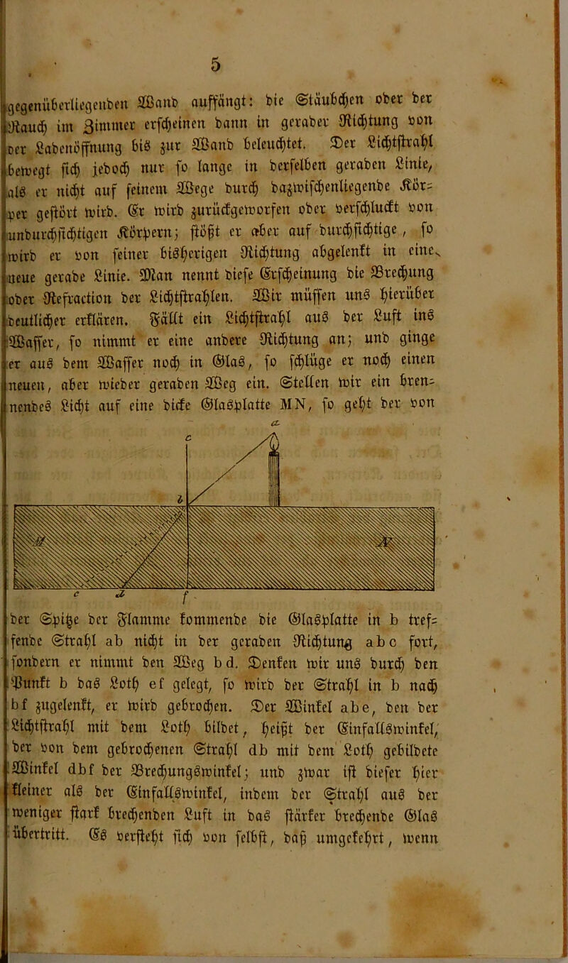 igcgenübcrliegciiben 2Baub auffängt: bic @täubd)en ober ber iJÄauc^ im ßimtner cr[d)eincn bann in gcraber 9fild)tung oon Dcr Sabenoffnung biö jur äßanb beleuchtet. 35er fiichtfira^)! bemegt fich jebod) nur fo lange in bcrfelben geraben Stnie, ,ate er nicht auf feinem Bege bur^ bajloifchcnliegcnbe ^ör= per gejiört mirb. ßr toirb gurüdgeioorfen ober oerfthlucft oott lunburchfichtigen Äörberuj fiö^t er ceber ouf bur^fichtige, fo irirb er oon feiner btähcrigcn 0lid)tung abgelcnft in eine., neue gerabe Sinie. Ban nennt biefe ßrftfieinung bie SBrethung :ober 9lefraction ber iJichtfirahlen. Bir muffen un§ h^^^über bcutlithft erflären. SfäKt ein Öicfitfirahl auä ber £uft inS Baffer, fo nimmt er eine anbere Olithtung an; unb ginge er auö bem Baffer no^ in ®Iaä, fo [(hinge er nodf) einen neuen, aber micber geraben Beg ein. (Stellen mir ein bren- ncnbcö !?icht auf eine biefe ©laöblntte MN, fo get;t ber oon CL ber ©.pi^e ber tJIamme fommenbe bie ©la^blntte in b tref= fenbe ©trat;l ab nid)t in ber geraben 9iidhtung abc fort, fonbern er nimmt ben Beg b d. 3)enfen mir unö burd; ben 'llunft b baö Soth ef gelegt, fo mirb ber ©trafil in b na^ bf gngelenft, er mirb gebroden. 2)er Binfel abe, ben ber Siihtfirahl mit bem Sotf) bilbet, h^i^t ber ßinfalläminfel, ber öon bem gebrochenen Strahl db mit bem l2oth gebilbete Binfel dbf ber aSrechunglminfel; unb jmar ijl biefer hic^^ Keiner alö ber ßinfalläminfel, inbem ber (Strat;l auö ber meniger ficjrf brechenben Suft in baö ffärfer bredhenbe ®Iaä Übertritt, ßö Oerfleht fid) oon felbfi, baff umgefehrt, menn