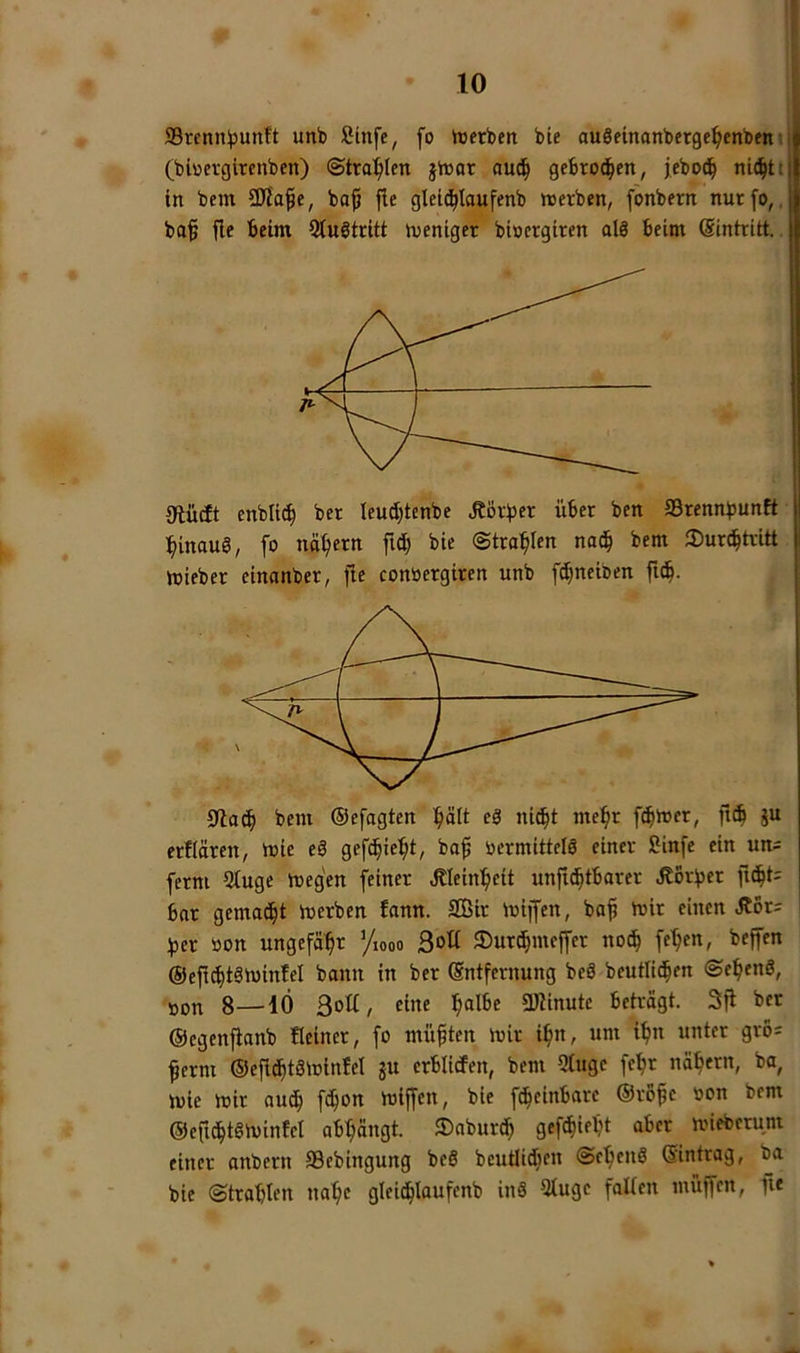 SBrenn^unft unb Sinfe, fo tverben bie auSeinanbetge^enben:ii (bbcrgirenben) (Strahlen jirar aud| gebroden, jeboci^ ni^tt| in bem SW'afe, ba^ fie glei(^taufenb werben, fonbern nurfo, ,L ba^ fle beim Qtuötritt inentger bbergircn al8 beim (Sintritt.. «Äücft cnblt(^ ber teud)tmbe Äövbcr über ben Srennbunft l^inauS, fo nähern fid) bie <Stra:^len nai| bem 3)uribtritt mieber einanber, fte conoergiren unb fdjneiben 0tacb bem ©efagten l^ält el nid^t me:^r fermer, ju erfiären, bie eS gefc^ie:^t, bo^ oermittclö einer Cinfe ein un= ferm 5iuge begen feiner Älein'^eit unficbtbarer jtorber fK^t= bar gemocht berben fann. 2Öir biffen, ba^ bir einen Äor: ber bon ungefähr yiooo 3»^ ®urd§meffer nod^ fc^en, bejfen ©efi^täbinfel bann in ber Entfernung beä beutticben ©ebenS, jjon 8—10 3ott, eine bni^e SUtinute beträgt. 3ji ber ©egenflanb Heiner, fo müßten bir i^n, um ibn unter gro^ ferm ©efld^tSbinfel ju crblicfen, bem 5tuge fe^r näbern, ba, bie bir auch febon biffen, bie febeinbare ©rofe oon bem ©cficbtöbinfel abbängt. JDabureb gefebifi^t bieberum einer anbern SBebingung beS beutlidben ©ebenö Eintrag, ba bie ©trabten nabe gleidblaufenb inS 5tugc falten muffen, fie