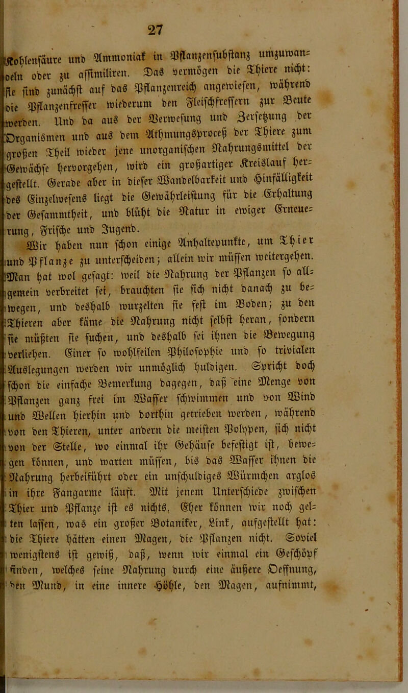 «tofitenfdure unb Stmmoniaf in qjflanjenfubflanj umjuivan^ oetn ober ju nffimiUrcit. ticvmögen bie Jt^icrc nic^t: fle finb gunac^ft auf baS qjflanjcurcic^ angciotefen, irä^renb Die «PPanjenfrejfer toicberum ben glctfc^freffcrn jur Scutc lücrbcn. Unb ba auS ber ffierttjefung unb :Organi0mcn unb auä bcm 5lttimungö^roce^ ber 2:^tere jum großen 3:^teil lieber jene unorganifc^en 9lo^)ruttg8mittcl ber ■©fjüöc^fc ^erüorge^en, luirb ein großartiger Kreislauf I;er= gefleltt. ©crabc aber in biefer SBanbelbarfeit unb >§infäüigbeit beö ©injeUoefene liegt bie ©einä^rleiftung für bie ©rßaltung ber ©efammt^eit, unb blü^t bie Statur in etoiger ©rneue= rung, Srifc^c unb Sugenb. SBir fjaben nun feßon einige 9M;altebunfte, um X!ßier lunb^flanje gu unterfebeibenj allein toir muffen meiterge'ßen. l«Kan pat mol gefügt: meil bie D'tabrung ber ipflangcn fo ott: igemein oerbreitet fei, brauchten fie ni(i^t banad^ gu be; tmegen, unb beg:ßalb murgelten ftc fefi im ®obenj gu ben ;3:bieren aber fäme bie IJla^^rung nic^t felbft Ißcran, fonbern fle müßten ße fud^en, unb beö^alb fei i^nen bie SSemegung ;Oerlie^en. (Einer fo motßfeiten 5ßßilüfobt)te unb fo trioialen ■ StuSlegungen merben mir unmoglidb ^)ulbigen. bod§ fdbon bie einfad^e IBemerfung bagegen, baß eine 3Kenge oon :q3ßangen gang frei im SBaffer fd^mimmen unb Mit SGBinb unb ISetten lßicr:ßin unb bortfiin getrieben merben, mäbrenb LOon ben St^ieren, unter anbern bie meißen lf3oh)ben, ßdb nidl)t lOon ber (Stelle, mo einmal i:ßr ©eßäufc befeftigt iß, beme= gen fönnen, unb märten müßen, biö baö SBaßer ifuien bie :9ia]ßrung ^erbeifüßrt ober ein unf^ulbigcS SBürmd^en argloS ;in ißre f^ongarme läuß. 9)lit jenem Unterfdl)iebe gmifd^en Xlßer unb iPßange iß cä nid)tg, ®l;er fönnen mir nodß gel= ten laffen, mao ein großer Sotanifer, fiinf, aufgeßellt ßot: : bie Jtf)iere ßätten einen Silagen, bie SSßangen nid^t. Sooiel menigßenö iß gemiß, baß, menn mir einmal ein ®efdf)övf tftnben, meldbeö feine 0ial;rung burdl) eine äußere Oeßnung, 'ten SDlunb, in eine innere J^ö^le, ben SKagen, nufnimmt,
