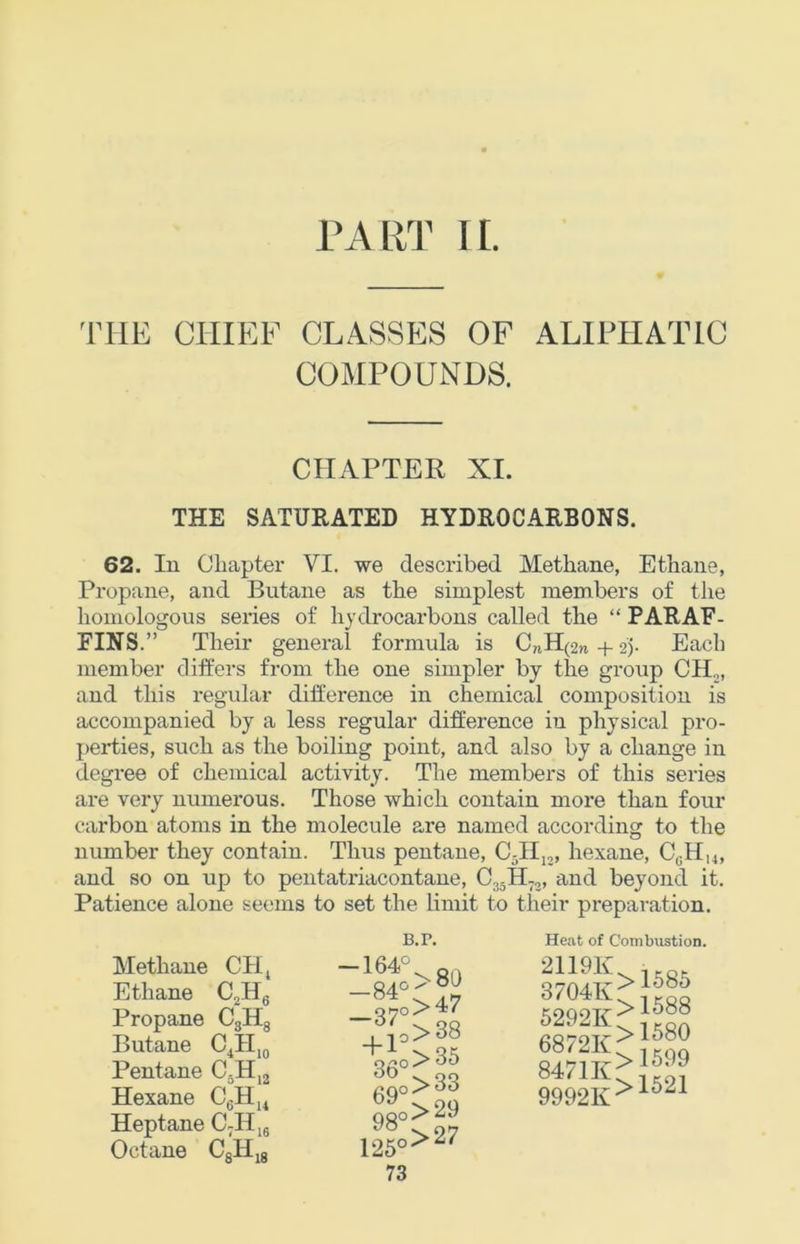 PART IL THE CHIEF CLASSES OF ALIPFIATLC COMPOUNDS. CHAPTER XL THE SATURATED HYDROCARBONS. 62. In Chapter VI. we described Methane, Ethane, Propane, and Butane as the simplest members of the homologous series of hydrocarbons called the “ PARAF- FINS.” Their general formula is + 2)- Each member ditfers from the one simpler by the group CH., and this regidar difference in chemical composition is accompanied by a less regular difference in physical pro- perties, such as the boiling point, and also by a change in degree of chemical activity. The members of this series are very numerous. Those which contain more than four carbon atoms in the molecule are named according to the number they contain. Thus pentane, CjII,,, hexane, CqH,4, and so on up to pentatriacontaue, CjjII-,, and beyond it. Patience alone seems to set the limit to their preparation. Methane CHj Ethane C2Hg Propane CgHg Butane C^IIjq Pentane CjH,2 Hexane CgH^ Heptane CJIjg Octane CgHjg B.r. -164° -84° -37° 36° 69° 98° 126° >80 >47 >38 >35 >33 >29 >27 73 Heat of Combustion. 2119K ^ j,Q[. 3704K>|°°^ 6292K>;®° 6872K>}5®« 9992K>-^^^^