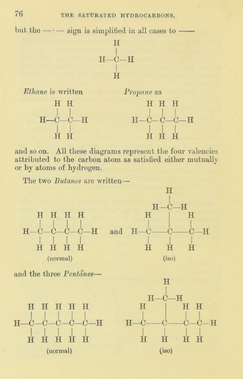 but the — sign is simplified in all cases to H I II—C—H H Ethane is written H H I I H—C—C-H I I H H Propane as H H II I I I II—C—C—C—H I I I H H H and so on. All these diagrams represent the four valencies attributed to the carbon atom as satisfied either mutualh’ or by atoms of hydrogen. The two Butanes are written— H H II H ! I I I H—C—C—C—C—H III! H H H H (normal) and the three Pentanes— H H H H H I I I I I H—C—C—C—C—C—H I I I I I H H H H H (normal) H I and II—C H II I H—C—H -C- H (iso) H H I C—II I H II—C—H H I H—C C I I H H (iso) H H I I -C—C-H H H