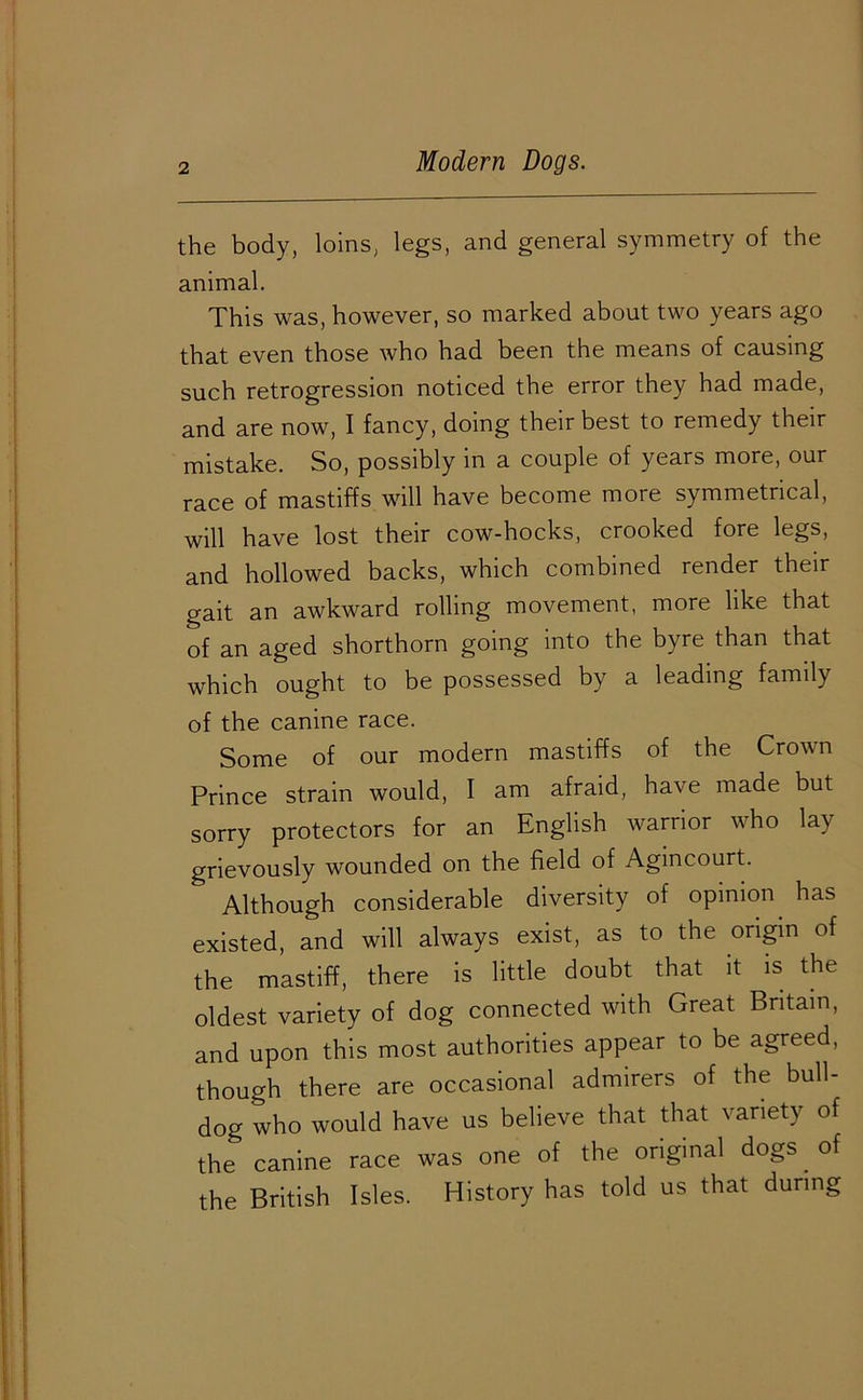 the body, loins, legs, and general symmetry of the animal. This was, however, so marked about two years ago that even those who had been the means of causing such retrogression noticed the error they had made, and are now, I fancy, doing their best to remedy their mistake. So, possibly in a couple of years more, our race of mastiffs will have become more symmetrical, will have lost their cow-hocks, crooked fore legs, and hollowed backs, which combined render their gait an awkward rolling movement, more like that of an aged shorthorn going into the byre than that which ought to be possessed by a leading family of the canine race. Some of our modern mastiffs of the Crown Prince strain would, I am afraid, have made but sorry protectors for an English warrior who lay grievously wounded on the field of Agincourt. Although considerable diversity of opinion has existed, and will always exist, as to the origin of the mastiff, there is little doubt that it is the oldest variety of dog connected with Great Britain, and upon this most authorities appear to be agreed, though there are occasional admirers of the bull- dog who would have us believe that that variety of the canine race was one of the original dogs. of the British Isles. History has told us that during