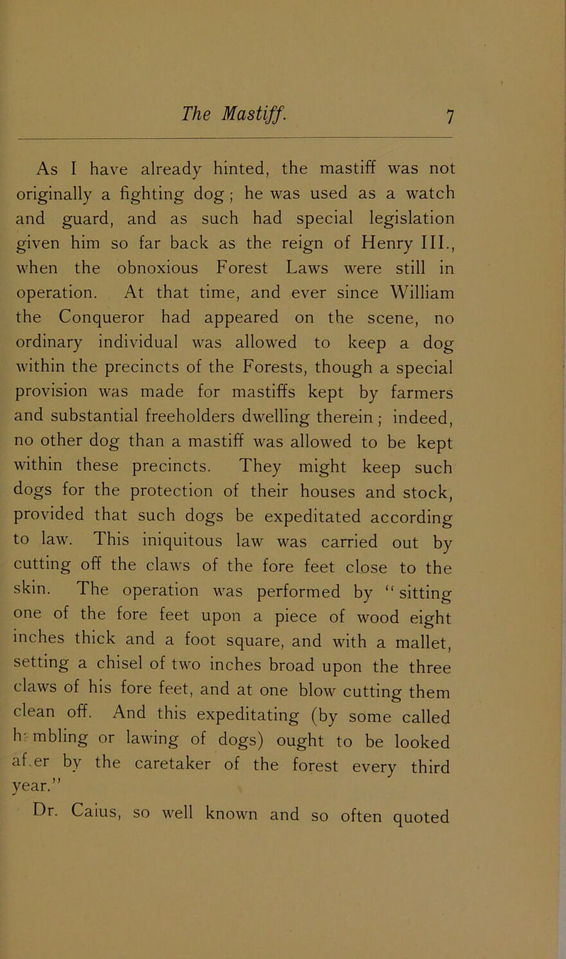 As I have already hinted, the mastiff was not originally a fighting dog ; he was used as a watch and guard, and as such had special legislation given him so far back as the reign of Henry III., when the obnoxious Forest Laws were still in operation. At that time, and ever since William the Conqueror had appeared on the scene, no ordinary individual was allowed to keep a dog within the precincts of the Forests, though a special provision was made for mastiffs kept by farmers and substantial freeholders dwelling therein; indeed, no other dog than a mastiff was allowed to be kept within these precincts. They might keep such dogs for the protection of their houses and stock, provided that such dogs be expeditated according to law. This iniquitous law was carried out by cutting off the claws of the fore feet close to the skin. The operation was performed by “sitting one of the fore feet upon a piece of wood eight inches thick and a foot square, and with a mallet, setting a chisel of two inches broad upon the three claws of his fore feet, and at one blow cutting them clean off. And this expeditating (by some called fumbling or lawing of dogs) ought to be looked af.er by the caretaker of the forest every third year.’’ Dr. Caius, so well known and so often quoted
