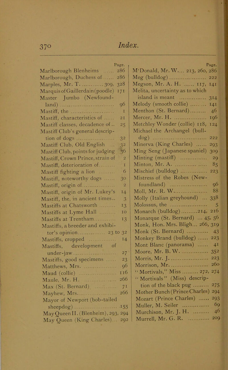 37° Page. Marlborough Blenheims 286 Marlborough, Duchess of 286 Marples, Mr. T 309, 328 Marquis of Gaillerdain (poodle) 171 Master Jumbo (Newfound- land) 96 Mastiff, the 1 Mastiff, characteristics of 21 Mastiff classes, decadence of.. 23 Mastiff Club’s general descrip- tion of dogs 32 Mastiff Club, Old English ... 32 Mastiff Club, points for judging 36 Mastiff, Crown Prince, strain of 2 Mastiff, deterioration of 1 Mastiff fighting a lion 6 Mastiff, noteworthy dogs 30 Mastiff, origin of 2 Mastiff, origin of Mr. Lukey’s 14 Mastiff, the, in ancient times.. 3 Mastiffs at Chatsworth 13 Mastiffs at Lyme Hall 10 Mastiffs at Trentham 13 Mastiffs, a breeder and exhibi- tor’s opinion 23 to 32 Mastiffs, cropped 14 Mastiffs, development of under-jaw 27 Mastiffs, good specimens 23 Matthews, Mrs 96 Maud (collie) 116 Maule, Mr. H 266 Max (St. Bernard) 71 Mayhew, Mrs 266 Mayor of Newport (bob-tailed sheepdog) 155 May Queen 11. (Blenheim), 293, 294 May Queen (King Charles). . 292 Page. M'Donald, Mr. W.... 213, 260, 286 Meg (bulldog) 222 Megson, Mr. A. H 117, 141 Melita, uncertainty as to which island is meant 314 Melody (smooth collie) 141 Menthon (St. Bernard) 46 Mercer, Mr. H 196 Metchley Wonder (collie) 118, 124 Michael the Archangel (bull- dog) 222 Minerva (King Charles) 293 Ming Seng (Japanese spaniel) 309 Minting (mastiff) 29 Minton, Mr. A 85 Mischief (bulldog) 223 Mistress of the Robes (New- foundland) 96 Moll, Mr. R. W 88 Molly (Italian greyhound) ... 338 Molossus, the 5 Monarch (bulldog) 214, 216 Monarque (St. Bernard) ... 45, 56 Monk, Hon. Mrs. Bligh... 266, 319 Monk (St. Bernard) 43 Monkey Brand (bulldog) 223 Mont Blanc (panorama) 41 Moore, Mr. B. W 352 Morris, Mr. J 223 Morrison, Mr 260 “ Mortivals,” Miss 272, 274 “ Mortivals ” (Miss) descrip- tion of the black pug 275 Mother Bunch (Prince Charles) 294 Mozart (Prince Charles) 293 Muller, M. Seiler 69 Murchison, Mr. J. H 46 Murrell, Mr. G. R 209