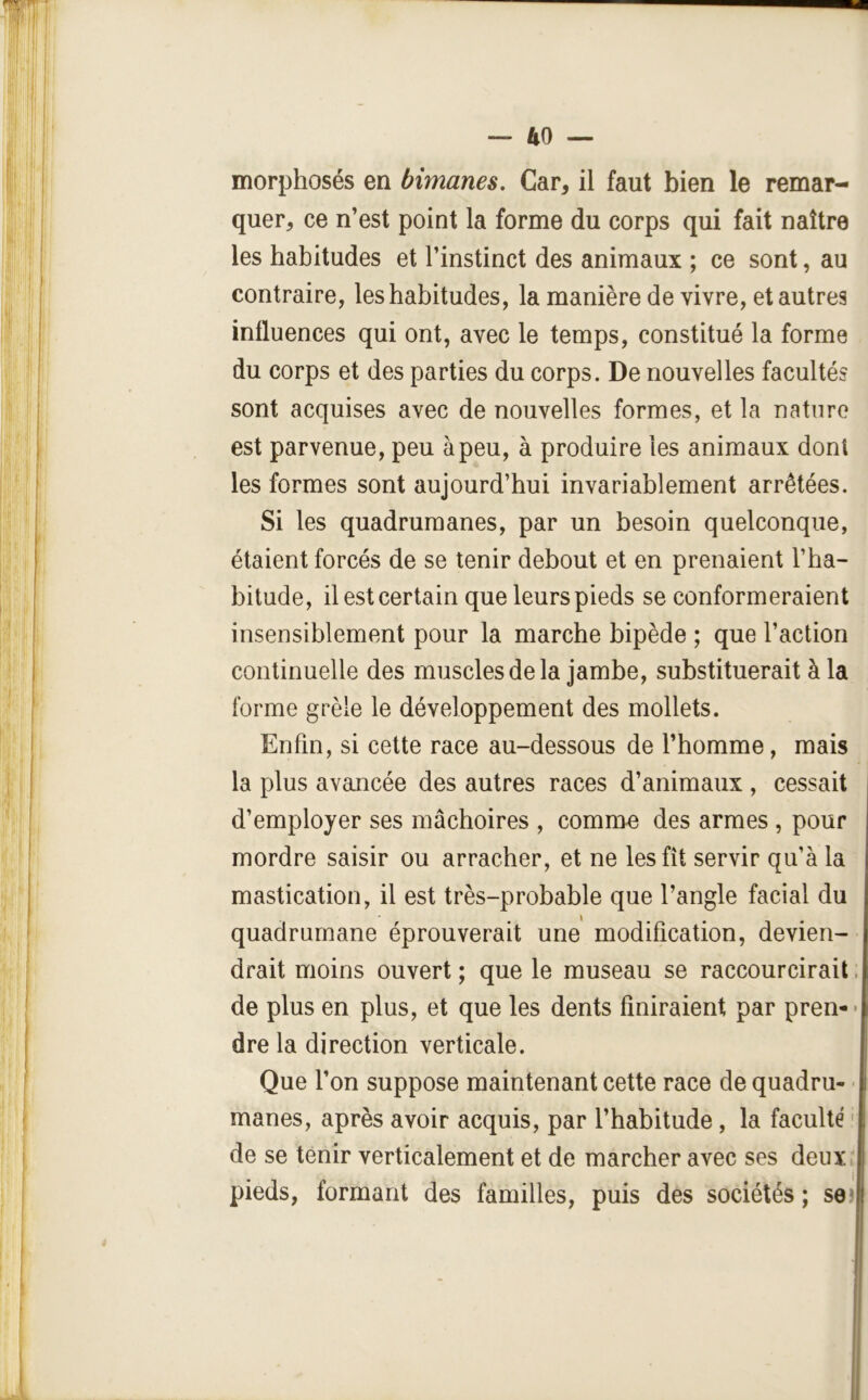 morphosés en bimanes. Car, il faut bien le remar- quer, ce n’est point la forme du corps qui fait naître les habitudes et l’instinct des animaux ; ce sont, au contraire, les habitudes, la manière de vivre, et autres influences qui ont, avec le temps, constitué la forme du corps et des parties du corps. De nouvelles facultés sont acquises avec de nouvelles formes, et la nature est parvenue, peu à peu, à produire les animaux dont les formes sont aujourd’hui invariablement arrêtées. Si les quadrumanes, par un besoin quelconque, étaient forcés de se tenir debout et en prenaient l’ha- bitude, il est certain que leurs pieds se conformeraient insensiblement pour la marche bipède ; que l’action continuelle des muscles de la jambe, substituerait à la forme grêle le développement des mollets. Enfin, si cette race au-dessous de l’homme, mais la plus avancée des autres races d’animaux , cessait d’employer ses mâchoires , comme des armes , pour mordre saisir ou arracher, et ne les fît servir qu’à la mastication, il est très-probable que l’angle facial du quadrumane éprouverait une modification, devien- drait moins ouvert ; que le museau se raccourcirait. de plus en plus, et que les dents finiraient par pren-- dre la direction verticale. Que l’on suppose maintenant cette race de quadru- manes, après avoir acquis, par l’habitude, la faculté ' de se tenir verticalement et de marcher avec ses deux pieds, formant des familles, puis des sociétés ; se)