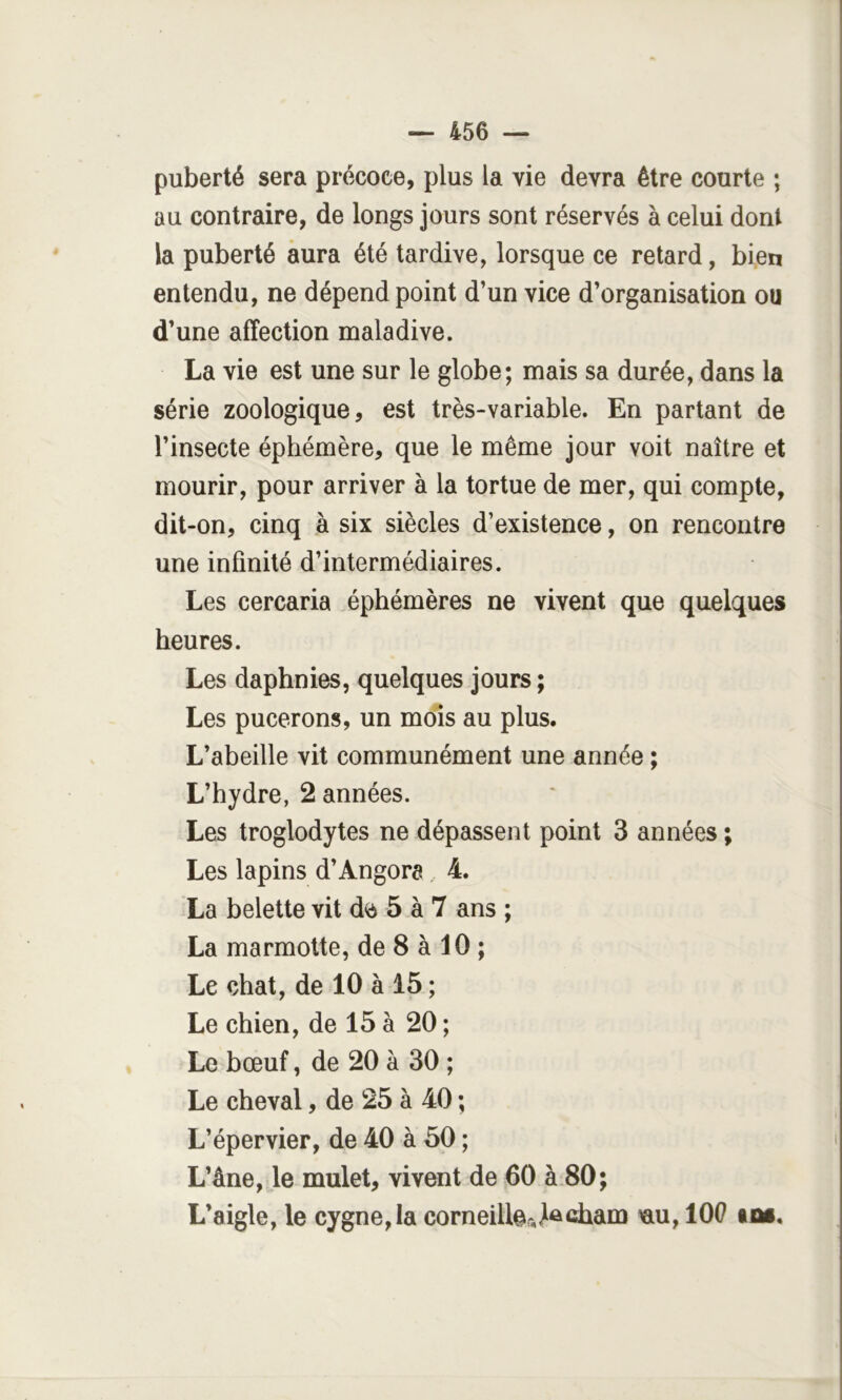 puberté sera précoce, plus la vie devra être courte ; au contraire, de longs jours sont réservés à celui dont la puberté aura été tardive, lorsque ce retard, bien entendu, ne dépend point d’un vice d’organisation ou d’une affection maladive. La vie est une sur le globe; mais sa durée, dans la série zoologique, est très-variable. En partant de l’insecte éphémère, que le même jour voit naître et mourir, pour arriver à la tortue de mer, qui compte, dit-on, cinq à six siècles d’existence, on rencontre une infinité d’intermédiaires. Les cercaria éphémères ne vivent que quelques heures. Les daphnies, quelques jours ; Les pucerons, un mois au plus. L’abeille vit communément une année ; L’hydre, 2 années. Les troglodytes ne dépassent point 3 années ; Les lapins d’Angora 4. La belette vit d^ 5 à 7 ans ; La marmotte, de 8 à 10 ; Le chat, de 10 à 15 ; Le chien, de 15 à 20; Le bœuf, de 20 à 30 ; Le cheval, de 25 à 40 ; L’épervier, de 40 à 50 ; L’âne, le mulet, vivent de 60 à 80; L’aigle, le cygne,la corneillOîiMcbam ^u, 100 tûs.