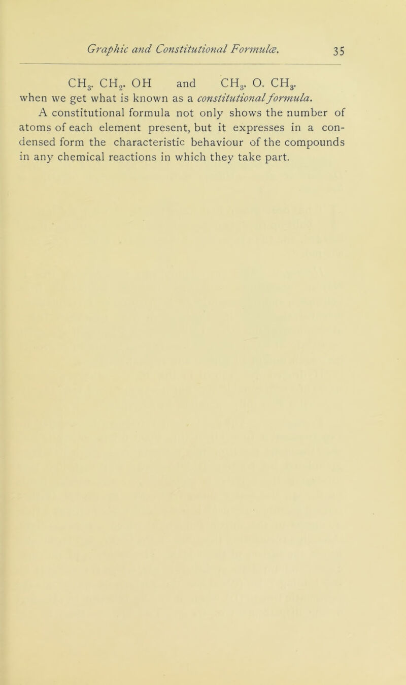 CH3. CHg. OH and CHg. O. CH3. when we get what is known as a constitutional formula. A constitutional formula not only shows the number of atoms of each element present, but it expresses in a con- densed form the characteristic behaviour of the compounds in any chemical reactions in which they take part.