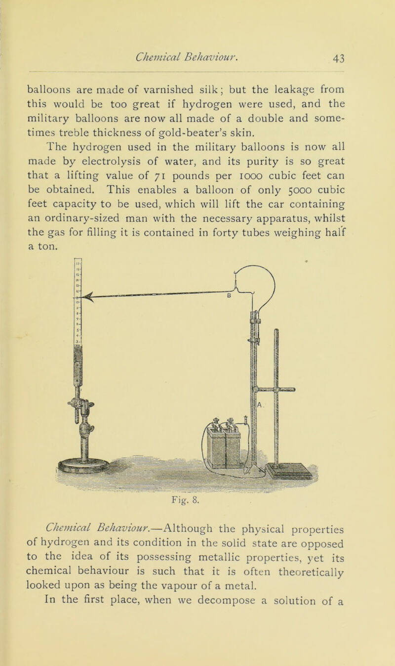 balloons are made of varnished silk; but the leakage from this would be too great if hydrogen were used, and the military balloons are now all made of a double and some- times treble thickness of gold-beater’s skin. The hydrogen used in the military balloons is now all made by electrolysis of water, and its purity is so great that a lifting value of 71 pounds per 1000 cubic feet can be obtained. This enables a balloon of only 5000 cubic feet capacity to be used, which will lift the car containing an ordinary-sized man with the necessary apparatus, whilst the gas for filling it is contained in forty tubes weighing half a ton. Fig. 8. Chemical Behaviour.—Although the physical properties of hydrogen and its condition in the solid state are opposed to the idea of its possessing metallic properties, yet its chemical behaviour is such that it is often theoretically looked upon as being the vapour of a metal. In the first place, when we decompose a solution of a