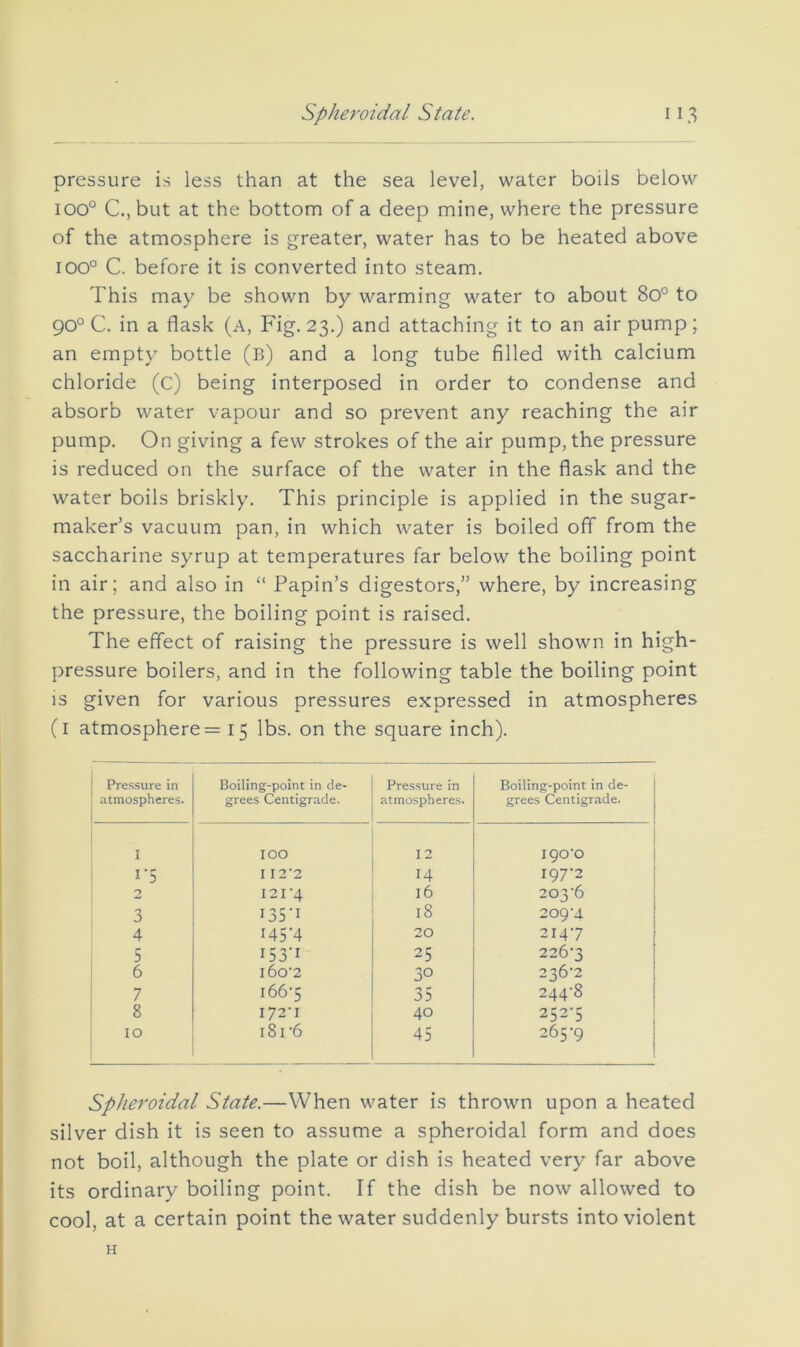 pressure is less than at the sea level, water boils below 100° C., but at the bottom of a deep mine, where the pressure of the atmosphere is greater, water has to be heated above 100° C. before it is converted into steam. This may be shown by warming water to about 80° to 90° C. in a flask (a. Fig. 23.) and attaching it to an air pump; an empty bottle (b) and a long tube filled with calcium chloride (c) being interposed in order to condense and absorb water vapour and so prevent any reaching the air pump. On giving a few strokes of the air pump, the pressure is reduced on the surface of the water in the flask and the water boils briskly. This principle is applied in the sugar- maker’s vacuum pan, in which water is boiled off from the saccharine syrup at temperatures far below the boiling point in air; and also in “ Papin’s digestors,” where, by increasing the pressure, the boiling point is raised. The effect of raising the pressure is well shown in high- pressure boilers, and in the following table the boiling point is given for various pressures expressed in atmospheres (i atmosphere = 15 lbs. on the square inch). Pressure in atmospheres. Boiling-point in de- grees Centigrade. Pressure in atmospheres. Boiling-point in de- grees Centigrade. I 100 12 I90‘0 i’5 I I2‘2 14 197-2 0 I21'4 16 203-6 3 I35'I 18 209-4 4 H5’4 20 214-7 5 i53'i 25 226-3 6 i6o’2 30 236-2 7 i66'5 35 244-8 8 I72'I 40 252-5 10 i8r6 45 265-9 Spheroidal State.—When water is thrown upon a heated silver dish it is seen to assume a spheroidal form and does not boil, although the plate or dish is heated very far above its ordinary boiling point. If the dish be now allowed to cool, at a certain point the water suddenly bursts into violent H