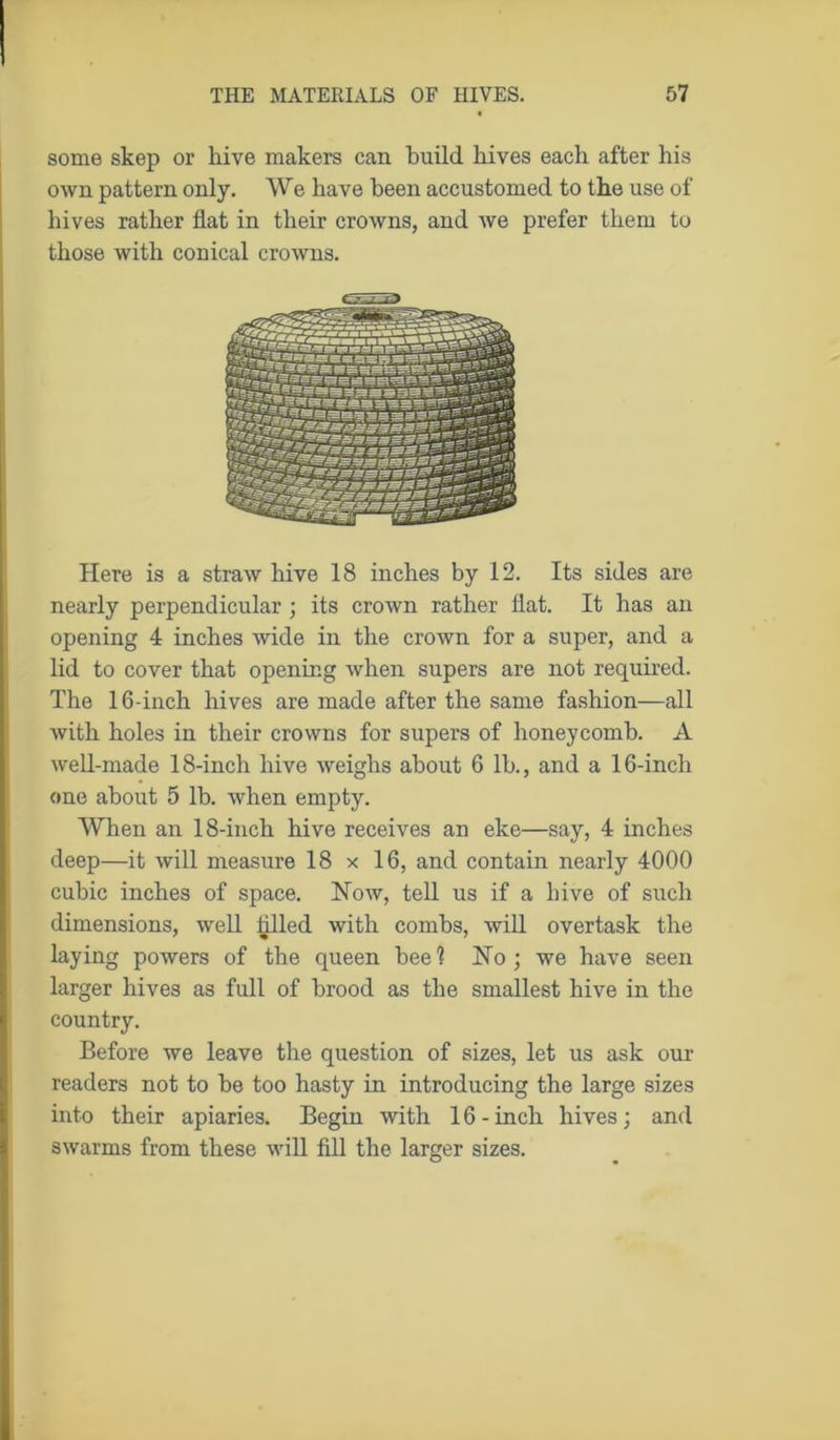 some skep or hive makers can build hives each after his own pattern only. We have been accustomed to the use of hives rather flat in their crowns, and we prefer them to those with conical crowns. Here is a straw hive 18 inches by 12. Its sides are nearly perpendicular ; its crown rather flat. It has an opening 4 inches wide in the crown for a super, and a lid to cover that opening when supers are not required. The 16-inch hives are made after the same fashion—all with holes in their crowns for supers of honeycomb. A well-made 18-inch hive weighs about 6 lb., and a 16-incli one about 5 lb. when empty. When an 18-inch hive receives an eke—say, 4 inches deep—it will measure 18 x 16, and contain nearly 4000 cubic inches of space. How, tell us if a hive of such dimensions, well tilled with combs, will overtask the laying powers of the queen bee? Ho; we have seen larger hives as full of brood as the smallest hive in the country. Before we leave the question of sizes, let us ask our readers not to be too hasty in introducing the large sizes into their apiaries. Begin with 16 - inch hives; and swarms from these will fill the larger sizes.