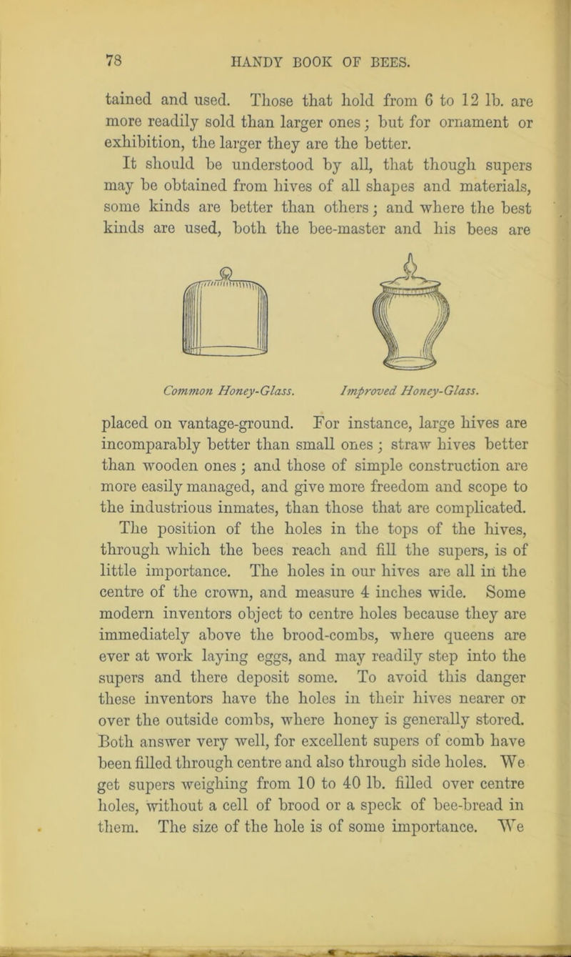 tained and used. Those that hold from 6 to 12 lb. are more readily sold than larger ones; hut for ornament or exhibition, the larger they are the better. It should be understood by all, that though supers may be obtained from hives of all shapes and materials, some kinds are better than others; and where the best kinds are used, both the bee-master and his bees are Common Honey-Glass. Improved Honey-Glass. placed on vantage-ground. Tor instance, large hives are incomparably better than small ones ; straw hives better than wooden ones; and those of simple construction are more easily managed, and give more freedom and scope to the industrious inmates, than those that are complicated. The position of the holes in the tops of the hives, through which the bees reach and fill the supers, is of little importance. The holes in our hives are all in the centre of the crown, and measure 4 inches wide. Some modern inventors object to centre holes because they are immediately above the brood-combs, where queens are ever at work laying eggs, and may readily step into the supers and there deposit some. To avoid this danger these inventors have the holes in their hives nearer or over the outside combs, where honey is generally stored. Both answer very well, for excellent supers of comb have been filled through centre and also through side holes. We get supers weighing from 10 to 40 lb. filled over centre holes, without a cell of brood or a speck of bee-bread in them. The size of the hole is of some importance. We
