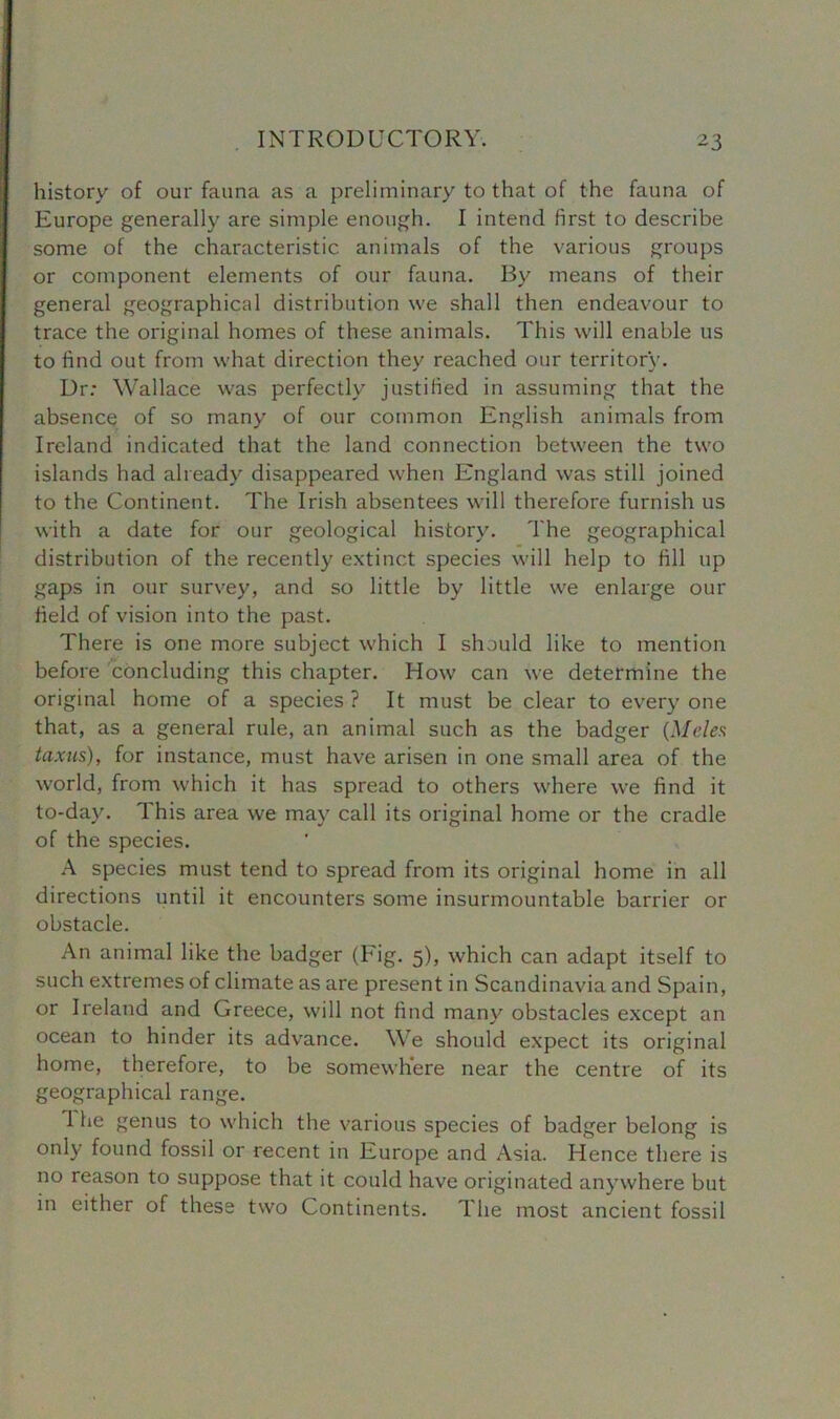 history of our fauna as a preliminary to that of the fauna of Europe generally are simple enough. I intend first to describe some of the characteristic animals of the various groups or component elements of our fauna. By means of their general geographical distribution we shall then endeavour to trace the original homes of these animals. This will enable us to find out from what direction they reached our territory. Dr: Wallace was perfectly justified in assuming that the absence of so many of our common English animals from Ireland indicated that the land connection between the two islands had already disappeared when England was still joined to the Continent. The Irish absentees will therefore furnish us with a date for our geological history. The geographical distribution of the recently extinct species will help to fill up gaps in our survey, and so little by little we enlarge our field of vision into the past. There is one more subject which I should like to mention before concluding this chapter. How can we determine the original home of a species ? It must be clear to every one that, as a general rule, an animal such as the badger (Meles taxus), for instance, must have arisen in one small area of the world, from which it has spread to others where we find it to-day. 1 his area we may call its original home or the cradle of the species. A species must tend to spread from its original home in all directions until it encounters some insurmountable barrier or obstacle. An animal like the badger (Fig. 5), which can adapt itself to such extremes of climate as are present in Scandinavia and Spain, or Ireland and Greece, will not find many obstacles except an ocean to hinder its advance. We should expect its original home, therefore, to be somewhere near the centre of its geographical range. 1 he genus to which the various species of badger belong is only found fossil or recent in Europe and Asia. Hence there is no reason to suppose that it could have originated anywhere but in either of these two Continents. The most ancient fossil