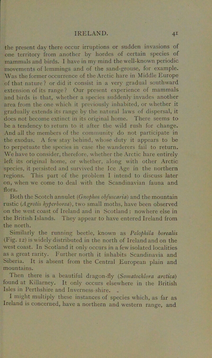 the present day there occur irruptions or sudden invasions of one territory from another by hordes of certain species of mammals and birds. I have in my mind the well-known periodic movements of lemmings and of the sand-grouse, for example. Was the former occurrence of the Arctic hare in Middle Europe of that nature? or did it consist in a very gradual southward extension of its range? Our present experience of mammals and birds is that, whether a species suddenly invades another area from the one which it previously inhabited, or whether it gradually extends its range by the natural laws of dispersal, it does not become extinct in its original home. There seems to be a tendency to return to it after the wild rush for change. And all the members of the community do not participate in the exodus. A few stay behind, whose duty it appears to be to perpetuate the species in case the wanderers fail to return. We have to consider, therefore, whether the Arctic hare entirely left its original home, or whether, along with other Arctic species, it persisted and survived the Ice Age in the northern regions. This part of the problem I intend to discuss later on, when we come to deal with the Scandinavian fauna and flora. Both the Scotch annulet (Gnophos ob/uscaria) and the mountain rustic (Agrotis hyperborea), two small moths, have been observed on the west coast of Ireland and in Scotland : nowhere else in the British Islands. They appear to have entered Ireland from the north. Similarly the running beetle, known as Pelophila borealis (big. 12) is widely distributed in the north of Ireland and on the west coast. In Scotland it only occurs in a few isolated localities as a great rarity. Eurther north it inhabits Scandinavia and Siberia. It is absent from the Central European plain and mountains. Then there is a beautiful dragon-fly (Somatochlora arctica) found at Killarney. It only occurs elsewhere in the British Isles in Perthshire and Inverness-shire. . I might multiply these instances of species which, as far as Ireland is concerned, have a northern and western range, and.