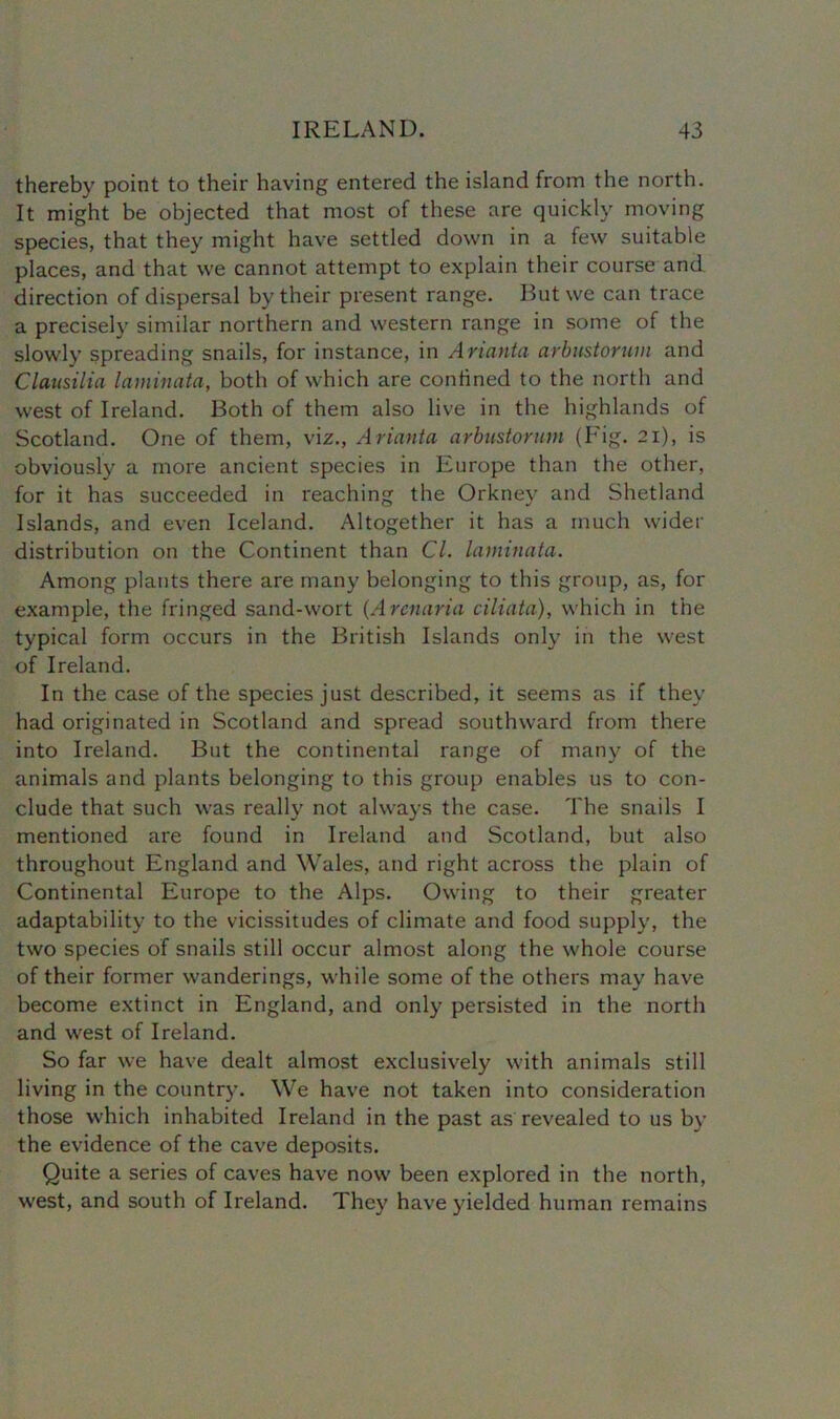 thereby point to their having entered the island from the north. It might be objected that most of these are quickly moving species, that they might have settled down in a few suitable places, and that we cannot attempt to explain their course and direction of dispersal by their present range. But we can trace a precisely similar northern and western range in some of the slowly spreading snails, for instance, in Arianta arbustorum and Clausilia laminata, both of which are confined to the north and west of Ireland. Both of them also live in the highlands of Scotland. One of them, viz., Arianta arbustorum (Fig. 21), is obviously a more ancient species in Europe than the other, for it has succeeded in reaching the Orkney and Shetland Islands, and even Iceland. Altogether it has a much wider distribution on the Continent than Cl. laminata. Among plants there are many belonging to this group, as, for example, the fringed sand-wort (Armaria ciliata), which in the typical form occurs in the British Islands only in the west of Ireland. In the case of the species just described, it seems as if they had originated in Scotland and spread southward from there into Ireland. But the continental range of many of the animals and plants belonging to this group enables us to con- clude that such was really not always the case. The snails I mentioned are found in Ireland and Scotland, but also throughout England and Wales, and right across the plain of Continental Europe to the Alps. Owing to their greater adaptability to the vicissitudes of climate and food supply, the two species of snails still occur almost along the whole course of their former wanderings, while some of the others may have become extinct in England, and only persisted in the north and west of Ireland. So far we have dealt almost exclusively with animals still living in the country. We have not taken into consideration those which inhabited Ireland in the past as revealed to us by the evidence of the cave deposits. Quite a series of caves have now been explored in the north, west, and south of Ireland. They have yielded human remains