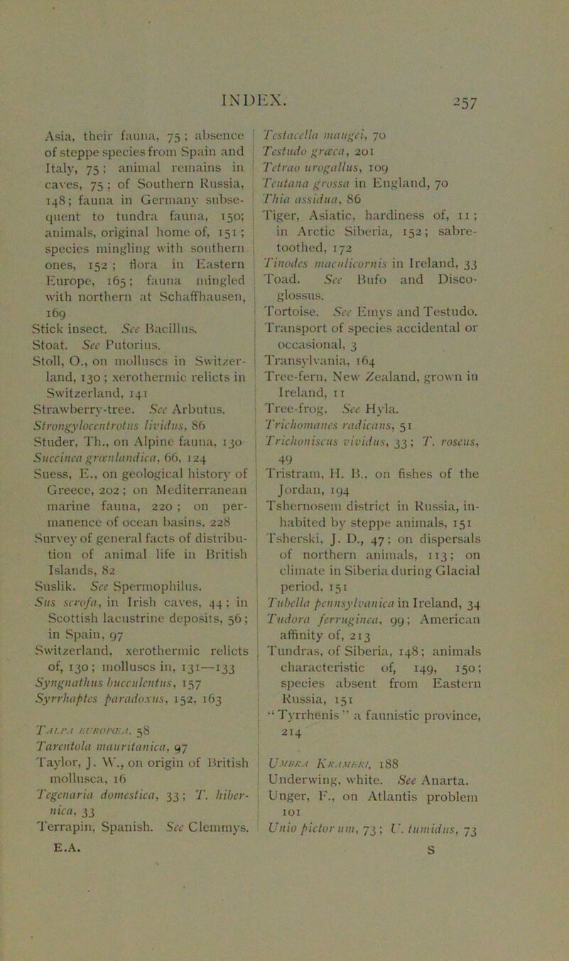 -57 Asia, their fauna, 75 ; absence of steppe species from Spain and Italy, 75; animal remains in caves, 75 ; of Southern Russia, 148; fauna in Germany subse- quent to tundra fauna, 150; animals, original home of, 151; species mingling with southern ones, 152 ; flora in Eastern Europe, 165; fauna mingled with northern at Schaffhausen, 169 Stick insect. See Bacillus. Stoat. See Putorius. Stoll, O., on molluscs in Switzer- land, 130 ; xerothermie relicts in Switzerland, 141 Strawberry-tree. See Arbutus. Strongylocentrotus lividus, 86 Studer, Th., on Alpine fauna, 130 Succinea graenlandica, 66, 124 Suess, E., on geological history of Greece, 202 ; on Mediterranean marine fauna, 220 ; on per- manence of ocean basins. 228 Survey of general facts of distribu- tion of animal life in British Islands, 82 Suslik. See Spermophilus. Sus scro/a, in Irish caves, 44; in Scottish lacustrine deposits, 56; in Spain, 97 Switzerland, xerothermie relicts , of, 130; molluscs in, 131—133 Syngnathus bucculentus, 157 Syrrhaptes paradoxus, 152, 163 T-i/.r.i nrRora:.i. 58 Tanntola mauntanica, 97 Taylor, J. W., on origin of British mollusca, 16 Tegenaria domestiea, 33; T. hiber- nica, 33 Terrapin, Spanish. See Clemmys. E.A. Tcstaeella maugei, 70 Testudo greeca, 201 Tetrao urogallus, 109 Teutana grossa in England, 70 Thia assidua, 86 Tiger, Asiatic, hardiness of, 11 ; in Arctic Siberia, 152; sabre- toothed, 172 Tinodes maculicornis in Ireland, 33 Toad. See Bufo and Disco- glossus. Tortoise. See Emys and Testudo. Transport of species accidental or occasional, 3 Transylvania, 164 Tree-fern, New Zealand, grown in Ireland, 11 Tree-frog. See Hyla. Triehomancs radicans, 51 Trichoniseus vividus, 33; T. roseus, 4<J Tristram, H. B., on fishes of the Jordan, 194 Tshemosem district in Russia, in- habited by steppe animals, 151 Tsherski, J. D., 47: on dispersals of northern animals, 113; on climate in Siberia during Glacial period, 151 Tubella pennsylvanica in Ireland, 34 Tudora ferniginca, 99; American affinity of, 213 Tundras, of Siberia, 148; animals characteristic of, 149, 150; species absent from Eastern Russia, 151 “Tyrrhenis” a faunistic province, 214 Umuka Kramhiu, x88 Underwing, white. See Anarta. Unger, E., on Atlantis problem 101 Unio picturum, 73; V. tumidus, 73 S