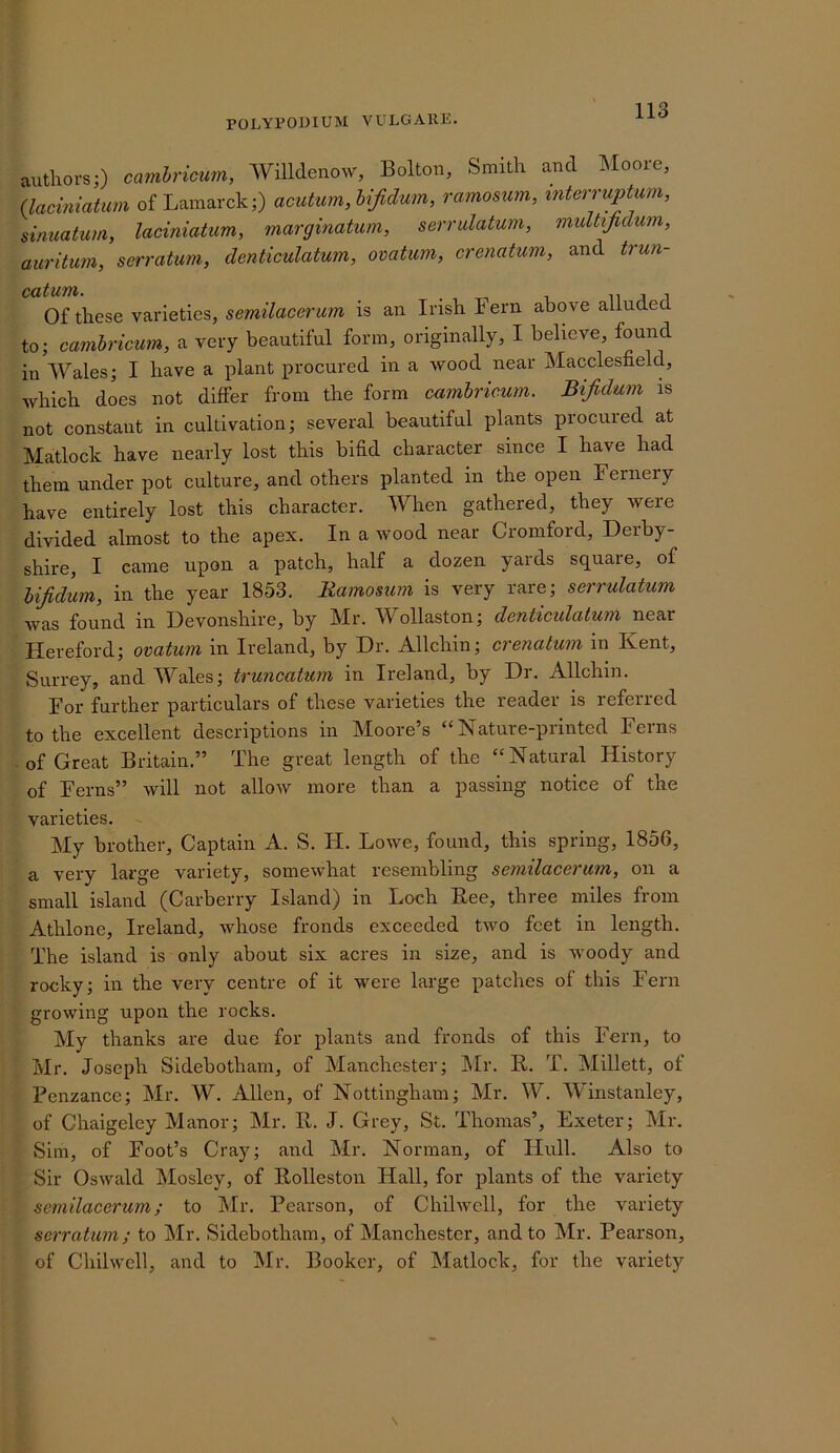 POLYPOUIUM VULGARE. authors;) camhricmn, Willdeiiow, Bolton, Smith and T^Ioore, (laciniatum of Lamarck;) acutum,h{Jidum, ramosum, mterruptum, sinuatum, laciniatum, marginatum, serrulatum, multifidum, auritum, serratum, denticulatum, ovatum, crenatum, and trun- Of these varieties, semilacerum is an Irish Fern above alluded to; camhricum, a very beautiful form, originally, I believe, found in Wales; I have a plant procured in a wood near Macclesfield, which does not differ from the form camhricum. Bijidum is not constant in cultivation; several beautiful plants procured at Matlock have nearly lost this bifid character since I have had them under pot culture, and others planted in the open Fernery have entirely lost this character. When gathered, they were divided almost to the apex. In a ivood near Cromford, Derby- shire, I came upon a patch, half a dozen yards square, of hijidum, in the year 1853. Ramosum is very rare; serrulatum was found in Devonshire, by Mr. Wollaston; denticulatum near Hereford; ovatum in Ireland, by Dr. Allchin; crenatum in Kent, Surrey, and Wales; truncatum in Ireland, by Dr. Allchin. For further particulars of these varieties the reader is referred to the excellent descriptions in Moore’s “Nature-printed Ferns of Great Britain.” The great length of the “Natural History of Ferns” will not allow more than a passing notice of the varieties. My brother, Captain A. S. li. Lowe, found, this spring, 1856, a very large variety, somewhat resembling semilacerum, on a small island (Carberry Island) in Loch Bee, three miles from Athlone, Ireland, whose fronds exceeded two feet in length. The island is only about six acres in size, and is woody and rocky; in the very centre of it were large patches of this Fern growing upon the rocks. My thanks are due for plants and fronds of this Fern, to Mr. Joseph Sidebotham, of Manchester; IMr. B. T. Millett, of Penzance; Mr. W. Allen, of Nottingham; Mr. W. Winstanley, of Ghaigeley Manor; Mr. B. J. Grey, St. Thomas’, Exeter; Mr, Sim, of Foot’s Cray; and Mr. Norman, of Hidl. Also to Sir Oswald Mosley, of Bolleston Hall, for plants of the variety semilacerum; to Mr. Pearson, of Chilwell, for the variety serratum; to Mr. Sidebotham, of Manchester, and to Mr. Pearson, of Chilwell, and to Mr. Booker, of Matlock, for the variety