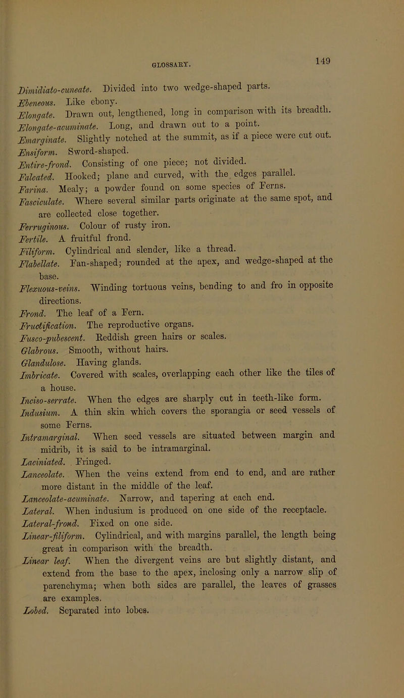Bimidiato-cuneate. Divided into two wedge-shaped parts. Eheneom. Like ebony. • • v j i Elongate. Drawn out, lengthened, long in comparison with its breadth. Elongate-acuminate. Long, and drawn out to a point. Emarginate. Slightly notched at the summit, as if a piece were cut out. Ensiform. Sword-shaped. Entire-frond. Consisting of one piece; not divided. Falcated. Hooked; plane and curved, with the edges parallel. Farina. Mealy; a powder found on some species of Ferns. Fasciculate. 'Where several similar parts originate at the same spot, and are collected close together. Ferruginous. Colour of rusty iron. Fertile. A fruitful frond. Filiform. Cylindrical and slender, like a thread. Flalellate. Fan-shaped; rounded at the apex, and wedge-shaped at the base. Flexuous-veins. Winding tortuous veins, bending to and fro in opposite directions. Frond. The leaf of a Fern. Fructification. The reproductive organs. Fusco-puiescent. Reddish green hairs or scales. Glabrous. Smooth, without hairs. Glandulose. Having glands. Imbricate. Covered with scales, overlapping each other like the tiles of a house. Inciso-serrate. When the edges are sharply cut in teeth-like form. Indusium. A thin skin which covers the sporangia or seed vessels of some Ferns. Intramarginal. When seed vessels are situated between margin and midrib, it is said to be intramarginal. Laciniated. Fringed. Lanceolate. W~hen the veins extend from end to end, and are rather more distant in the middle of the leaf. Lanceolate-acuminate. Harrow, and tapering at each end. Lateral. When indusium is produced on one side of the receptacle. Lateral-frond. Fixed on one side. Linear-filiform. Cylindrical, and with margins parallel, the length being great in comparison with the breadth. Linear leaf. W’hen the divergent veins are hut slightly distant, and extend from the base to the apex, inclosing only a narrow slip of parenchyma; when both sides are parallel, the leaves of grasses are examples. Lobed. Separated into lobes.