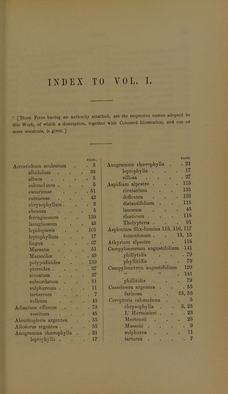 INDEX TO VOL. I. ' [Those Ferns having an authority attached, are the respective names adopted in this Work, of which a description, together with Coloured Illustration, and one or more woodcuts, is given.] PACK. Acrostidnim aculeatum . . 3 albidulum . . .33 album .... 5 calomel inos ... 5 canariense . . .51 catanense ... 43 cbrysopbyllum. . .3 ebenum ... 5 ferruginosum . . 139 lanuginosum . . 43 lepidopteris . . 101 leptopliyllum . . 17 lingua . . • .67 Marantse . . .51 Marantbse . . .43 polypodioides . . 139 pteroides . . . .37 sinuatum ... 37 subcordatum . . .51 sulphureum . . .11 tartareum . . .7 velleum ... 43 Adiantum effusum . . .73 vcstitum . . .45 Aleuritopteris argentea . . 55 Allosorus argentea ... 55 Anogramma chajropbylla . . 21 leptopbylla ... 17 Anogramme cbseropbylla leptopbylla . villosa Aspidium alpestre . cicutarium deflexum distantifolium . lanosum rbseticum . Tbelypteris . Asplenium filix-foemina 115, 116, 117 tomentosum . . 13, 15 Atbyrium alpestre . . 115 Campyloneurum angustifolium 141 pbillytidis . . .79 phyllitidis . . .79 Campylonevron angustifolium 129 » ’ “ . 141 pliillitidis . . .79 Cassebeera argentea . . .55 farinosa . . 56, 56 Ceropteris calomelscna . . 5 cbrysopbylla . . 3, 25 L’ Herminieri . . .23 Martensii ... 25 Massoni . . . .9 sulpburea . . .11 tartarea .... 7 page. . 21 17 . 27 115 135 133 115 45 115 91