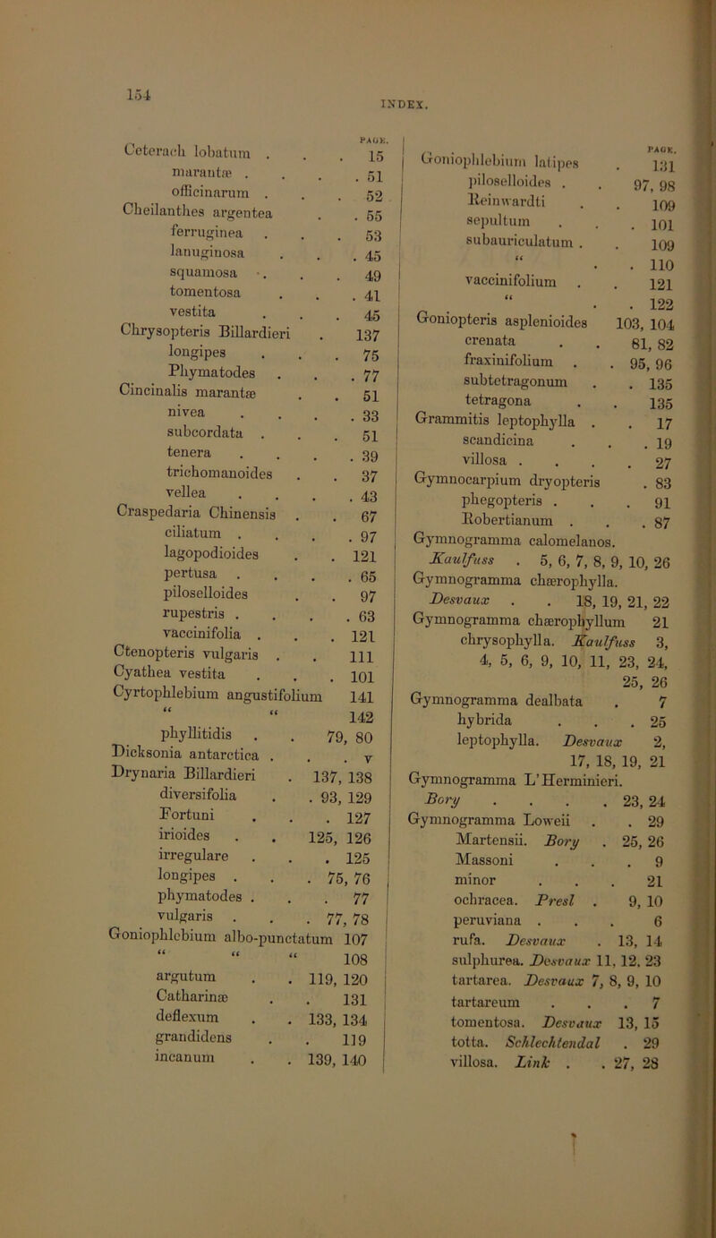 HAOK. Cetera(;h lobatnm . manuitre . officinarum . Cheilanthes argentea ferruginea lanuginosa squamosa tomentosa vestita Chrysopteris Billardieri longipes Pliymatodes Cinciualis marantse nivea subcordata . tenera trichomanoides vellea Craspedaria Chinensis ciliatum . lagopodioides pertusa piloselloides rupestris . vaccinifolia , Ctenopteris vulgaris Cyatbea vestita Cyrtophlebium angustifolium phyllitidis Dicksonia antarctica . Drynaria Billardieri diversifolia Bortuni irioides irregulare longipes . pbymatodes . vulgaris . . . ,,, Goniopblebiura albo-punctatum 107 108 15 . 51 52 . 55 53 . 45 49 . 41 45 137 75 . 77 51 . 33 51 . 39 37 . 43 67 . 97 121 . 65 97 . 63 121 111 101 141 142 79, 80 . . V 137, 138 . 93, 129 . 127 125, 126 . 125 . 75,76 . 77 77, 78 Gouioplilebium la(i])es ])iIoselloides . Beiuwardti sejjultum subauriculatum . vaccinifolium argutum Catharina3 deflexum grandidens incanum 119, 120 131 133, 134 119 139, 140 PA(JR. ]31 97, 98 109 . 101 109 . 110 121 • • 122 Goniopteris asplenioides 103, 104 creuata . . gl, 82 fraxinifolium . . 95^ 93 subtetragonum . , 135 tetragona . , 135 Grammitis leptopbylla , . 17 scandicina . . ,19 villosa .... 27 Gymnocarpium dryopteris . 83 pbegopteris ... 91 Bobertianum . , .57 Gymnogramma calomelauos. Kaulfuss . 5, 6, 7, 8, 9, 10, 26 Gymnogramma cbserophylla. Desvaux . . 18, 19, 21, 22 Gymnogramma cbajropbyllum 21 chrysopbylla. Xaulfuss 3, 4, 5, 6, 9, 10, 11, 23, 24. 25, 26 Gymnogramma dealbata . 7 bybrida . . .25 leptopbylla. Desvaux 2, 17, 18, 19, 21 Gymnogramma L’Herminieri. ^ory . . . . 23, 24 Gymnogramma Lowed . . 29 Martensii. Bory . 25, 26 Massoni ... 9 minor ... 21 ocbracea. Presl . 9, 10 peruviana ... 6 rufa. Desvaux . 13, 14 sulpburea. Desvaux 11,12. 23 tartarea. Desvaux 7, 8, 9, 10 tartareum ... 7 tomentosa. Desvaux 13, 15 totta. Schlechtendal . 29 villosa. Link . . 27, 28