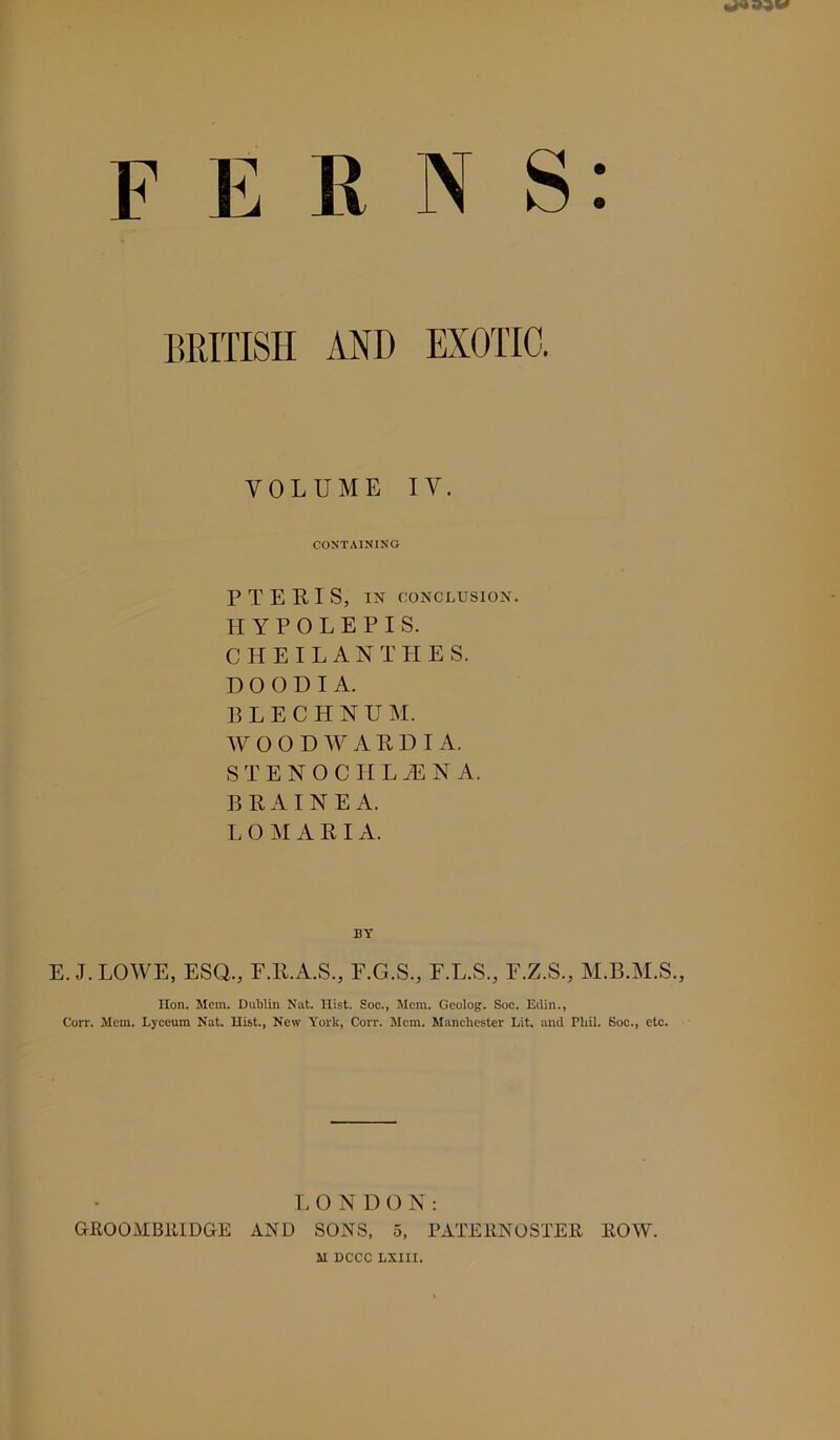 BRITISH AND EXOTIC. VOLUME IV. CONTAINING P TER IS, IN CONCLUSION. HYPOLEPIS. CHEILANTHES. DOODIA. BLECHNUM. WOODWARDI A. STENOCHLJENA. BRAINEA. LOMARI A. BY E. J. LOWE, ESQ., F.R.A.S., E.G.S., F.L.S., F.Z.S., M.B.M.S., Hon. Mem. Dublin Nat. Hist. Soc., Mem. Gcolog. Soo. Etlin., Corr. Mem. Lyceum Nat. Hist., New York, Corr. Mem. Manchester Lit. and Phil. Soc., etc. I, ONDON: GROOMBRIDGE AND SONS, 5, PATERNOSTER ROW. M DCCC LXIII.