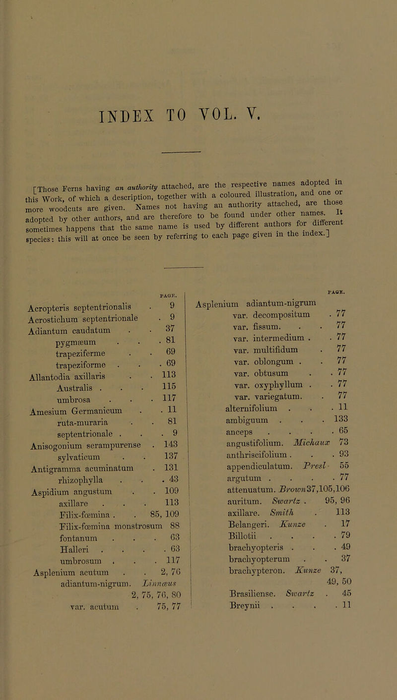 [Those Ferns having an authority attached, are the lespective names adopted i this Work, of which a description, together with a coloured illustration and one or more woodcuts are given. Names not having an authority attached, are tho adopted by other authors, and are therefore to be found under other names. It sometimes'happens that the same name is used by different authors for diffeien species: this will at once be seen by referring to each page given in the index.] Acropteris septentrionalis l’AOE. 9 Acrosticbum septentrionale . 9 Adiantum caudatum . 37 pygmteum . 81 trapeziferme . 69 trapeziforme . 69 Allantodia axillaris . 113 Australis . 115 umbrosa . 117 Amesium Germanicum . 11 ruta-muraria . 81 septentrionale . . 9 Anisogonium serampurense . 143 sylvaticum 137 Antigramma acuminatum . 131 rbizopbylla . 43 Aspidium angustum . 109 axillare 113 Bilix-fcemina . 85, 1.09 Bilix-foemina monstrosum 88 fontanum . . . 63 Halleri . . . -03 umbrosum . . .117 Asplenium acutuxn . . 2, 70 adiantum-nigrum. Linnaeus 2, 75, 76, 80 rar. acutum . 75, 77 Asplenium adiantum-nigrum var. decompositum var. fissum. var. intermedium . var. multifidum var. oblongum . var. obtusum var. oxypbyllum . var. variegatum. alternifolium . ambiguum anceps angustifolium. Michaux 73 antbriscifolium. . .93 appendiculatum. Presl 55 argutum . . . .77 attenuatum. iBrntow37,105,106 auritum. Swartz . 95, 96 axillare. Smith . 113 Belangeri. Kunze . 17 Billotii . • • .79 bracbyopteris . . .49 brachyopterum . . 37 bracbypteron. Kunze 37, 49, 50 Brasiliense. Swartz . 45 Breynii . . . .11 TASK. . 77 77 . 77 77 77 . 77 . 77 77 . 11 133 . 65