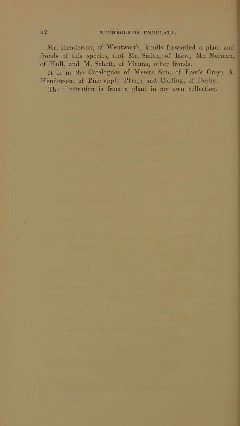 Mr. Henderson, of Wentworth, kindly forwarded a plant and fronds of this species, and Mr. Smith, of Kew, Mr. Norman, of Hull, and M. Schott, of Vienna, other fronds. It is in the Catalogues of Messrs. Sim, of Foot’s Cray; A. Henderson, of Pine-apple Place; and Cooling, of Derby. The illustration is from a plant in my own collection.