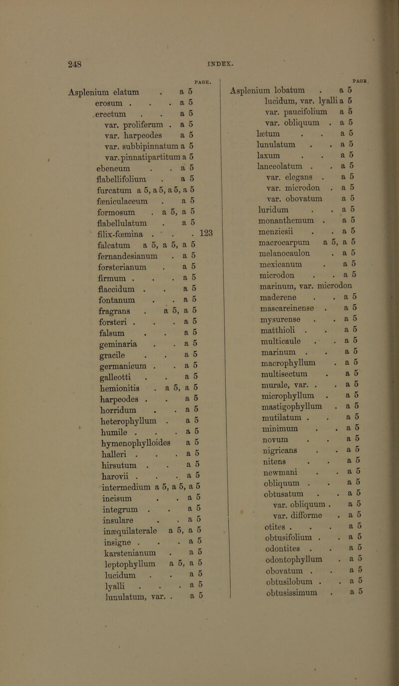 TAGE. Asplenium elatum . a 5 erostim . . . a 5 erectum . . a 5 var. proliferum . a 5 var. barpeodes a 5 var. subbipinnatum a 5 var. pinnatipartitum a 5 ebeneum . . a 5 flabellifolium . a 5 furcatum a 5, a 5, a 5, a 5 fseniculaceum . a 5 formosum . a 5, a 5 flabellulatum . a 5 filix-fcemina . ' . . 123 falcatum a 5, a 5, a 5 fernandesianum . a 5 forsterianum . a 5 firmum . . . a 5 flaccidum . . a 5 fontanum . . a 5 fragrans . a 5, a 5 forsteri . . . a 5 falsum . . a 5 geminaria . . a 5 gracile . . a 5 germanicum . . a 5 galleotti . . a 5 kemionitis . a 5, a 5 harpeodes . . a 5 horridum . . a 5 heterophyllum . a 5 humile . . . a 5 hymenophylloides a 5 halleri . . . a 5 hirsutum . . a 5 harovii . • . a 5 intermedium a 5, a 5, a 5 incisum . . a 5 integrum . . a 5 insulare . . a 5 incequilaterale a 5, a 5 insigne . . . a 5 karstenianum . a 5 leptopkyllum a 5, a 5 lucidum . • a 5 lyalli . • . a 5 lunulatum, var. . a 5 PAGE Asplenium lobatum . a 5 lucidum, var. lyalli a 5 var. paucifolium a 5 var. obliquum . a 5 lajtum . . a 5 lunulatum . . a 5 laxum . . a 5 lanceolatum . . a 5 var. elegans . a 5 var. microdon . a 5 var. obovatum a 5 luridum . . a 5 monantkemum . a 5 menziesii . . a 5 macrocarpum a 5, a 5 melanocaulon . a 5 mexicanum . a 5 microdon . . a 5 marinum, var. microdon maderene . . a 5 mascareinense . a 5 mysurense . . a 5 mattkioli . . a 5 multicaule . . a 5 marinum . . a 5 macrophyllum . a 5 multisectum . a 5 murale, var. . . a 5 micropkyllum . a 5 mastigophyllum . a 5 mutilatum . . a 5 minimum . , a 5 novum . . a 5 nigricans . . a 5 nitens . • a 5 newmani . . a 5 obliquum . . a 5 obtusatum . . a 5 var. obliquum . a 5 var. difforme . a 5 otitos . . . a 5 obtusifolium . . a 5 odontites . . a odontopkyllum . a obovatum . . a obtusilobum . . a 5 obtusissimuin . a 5 oi o< C/<