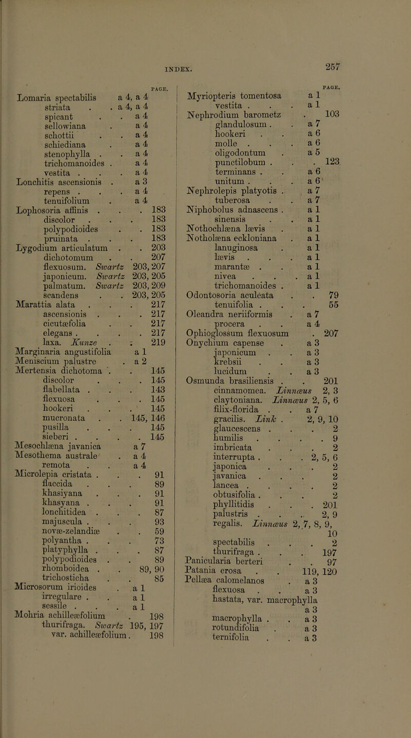 PAGE. Lomaria spectabilis a 4, a 4 striata . . a 4, a 4 spicant . . a 4 sellowiana . a 4 sckottii . . a 4 scliiediana . a 4 stenopliylla . . a 4 trichomanoides . a 4 vestita . . . a 4 Lonckitis ascensionis . a 3 repens . . . a 4 tenuifolium . a 4 Lopkosoria affinis . . . 183 discolor . . . 183 polypodioides . .183 pruinata . . . 183 Lygodium articulatum . . 203 dickotomum . . 207 flexuosum. Swartz 203,207 japonicum. Swartz 203,205 palmatum. Sioartz 203,209 scandens . . 203,205 Marattia alata . . . 217 ascensionis . . . 217 cicutsefolia . . 217 elegans . . . .217 laxa. Kunze . ; 219 Marginaria angustifolia a 1 Meniscium palustre . a 2 Mertensia dickotoma . . 145 discolor . . . 145 flabellata . . . 143 flexuosa . . . 145 hookeri . . . 145 mucronata . . 145, 146 pusilla . . . 145 sieberi .... 145 Mesockkena javanica a 7 Mesotkema australe . a 4 remota . . a 4 Microlepia cristata ... 91 flaccida ... 89 kkasiyana . . .91 kkasyana . . . 91 lonckitidea ... 87 majuscula ... 93 novse-zelandue . . 59 polyantka . . . 73 platypkylla ... 87 polypodioides . . 89 rkomboidea . . 89, 90 trickosticka . . 85 Microsorum irioides . a 1 irregulare . . a 1 sessile . . . a 1 Mokria ackilleiefolium . 198 tkurifraga. Swartz 195, 197 var. achiflesefolium. 198 PAGE. Myriopteris tomentosa a 1 vestita . . . a 1 Nephrodium barometz . 103 glandulosum. . a 7 kookeri . . a 6 molle . . . a 6 oligodontum . a 5 punctilobum . . .123 terminans . . a 6 unitum . . a 6 Nephrolepis platyotis . a 7 tuberosa . . a 7 Uipkobolus adnascens . a 1 sinensis . . a 1 Notkoclilaena laevis . a 1 INotkolsena eckloniana . a 1 lanuginosa . a 1 laevis . . a 1 marantas . . a 1 nivea . . . a 1 trichomanoides . a 1 Odontosoria aculeata . . 79 tenuifolia . . . 55 Oleandra neriiformis . a 7 procera . . a 4 Opkioglossum flexuosum . 207 Onyckium capense . a 3 japonicum . a 3 krebsii . . a 3 lucidum . . a 3 Osmunda brasiliensis . . 201 cinnamomea. Linnceus 2, 3 claytoniana. Linnceus 2, 5, 6 filix-florida . . a 7 gracilis. Link . 2, 9, 10 glaucescens ... 2 kumilis . . . .9 imbricata ... 2 interrupta . . . 2, 5, 6 japonica ... 2 javanica ... 2 lancea .... 2 obtusifolia ... 2 pkyllitidis . . . 201 palustris . . 2, 9 regalis. Linnceus 2, 7, 8, 9, 10 spectabilis tkurifraga . Panicularia berteri Patania erosa Pellsea calomelanos flexuosa kastata, var. macropkylla rotundifolia • • • U 197 97 . ' 119, 120 . a 3 . a 3 macropkylla a 3 . . a 3 . a 3