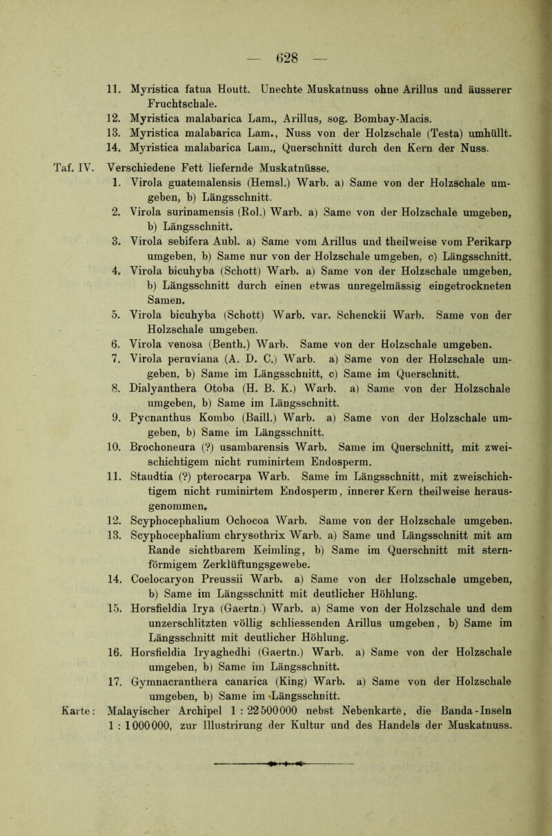 11. Myristica fatua Houtt. Unechte Muskatnuss ohne Arillus und äusserer Fruchtschale. 12. Myristica malabarica Lam., Arillus, sog. Bombay-Macis. 18. Myristica malabarica Lam., Nuss von der Holzschale (Testa) umhüllt. 14. Myristica malabarica Lam., Querschnitt durch den Kern der Nuss. Taf. IV. Verschiedene Fett liefernde Muskatnüsse. 1. Virola guatemalensis (Hemsl.) Warb, a) Same von der Holzschale um- geben, b) Längsschnitt. 2. Virola surinamensis (Rol.) Warb, a) Same von der Holzschale umgeben, b) Längsschnitt. 8. Virola sebifera Aubl. a) Same vom Arillus und theilweise vom Perikarp umgeben, b) Same nur von der Holzschale umgeben, c) Längsschnitt. 4. Virola bicuhyba (Schott) Warb, a) Same von der Holzschale umgeben, b) Längsschnitt durch einen etwas unregelmässig ein getrockneten Samen. 5. Virola bicuhyba (Schott) Warb. var. Schenckii Warb. Same von der Holzschale umgeben. 6. Virola venosa (Benth.) Warb. Same von der Holzschale umgeben. 7. Virola peruviana (A. D. C.) Warb, a) Same von der Holzschale um- geben, b) Same im Längsschnitt, c) Same im Querschnitt. 8. Dialyanthera Otoba (H. B. K.) Warb, a) Same von der Holzschale umgeben, b) Same im Längsschnitt. 9. Pycnanthus Kombo (Baill.) Warb, a) Same von der Holzschale um- geben, b) Same im Längsschnitt. 10. Brochoneura (?) usambarensis Warb. Same im Querschnitt, mit zwei- schichtigem nicht ruminirtem Endosperm. 11. Staudtia (?) pterocarpa Warb. Same im Längsschnitt, mit zweischich- tigem nicht ruminirtem Endosperm, innerer Kern theilweise heraus- genommen* 12. Scyphocephalium Ochocoa Warb. Same von der Holzschale umgeben. 13. Scyphocephalium chrysothrix Warb, a) Same und Längsschnitt mit am Rande sichtbarem Keimling, b) Same im Querschnitt mit stern- förmigem Zerklüftungsgewebe. 14. Coelocaryon Preussii Warb, a) Same von der Holzschale umgeben, b) Same im Längsschnitt mit deutlicher Höhlung. 15. Horsfieldia Irya (Gaertn.) Warb, a) Same von der Holzschale und dem unzerschlitzten völlig schliessenden Arillus umgeben, b) Same im Längsschnitt mit deutlicher Höhlung. 16. Horsfieldia Iryaghedhi (Gaertn.) Warb, a) Same von der Holzschale umgeben, b) Same im Längsschnitt. 17. Gymnacranthera canarica (King) Warb, a) Same von der Holzschale umgeben, b) Same im »Längsschnitt. Karte: Malayischer Archipel 1:22500000 nebst Nebenkarte, die Banda-Inseln 1 : 1000000, zur Illustrirung der Kultur und des Handels der Muskatnuss.