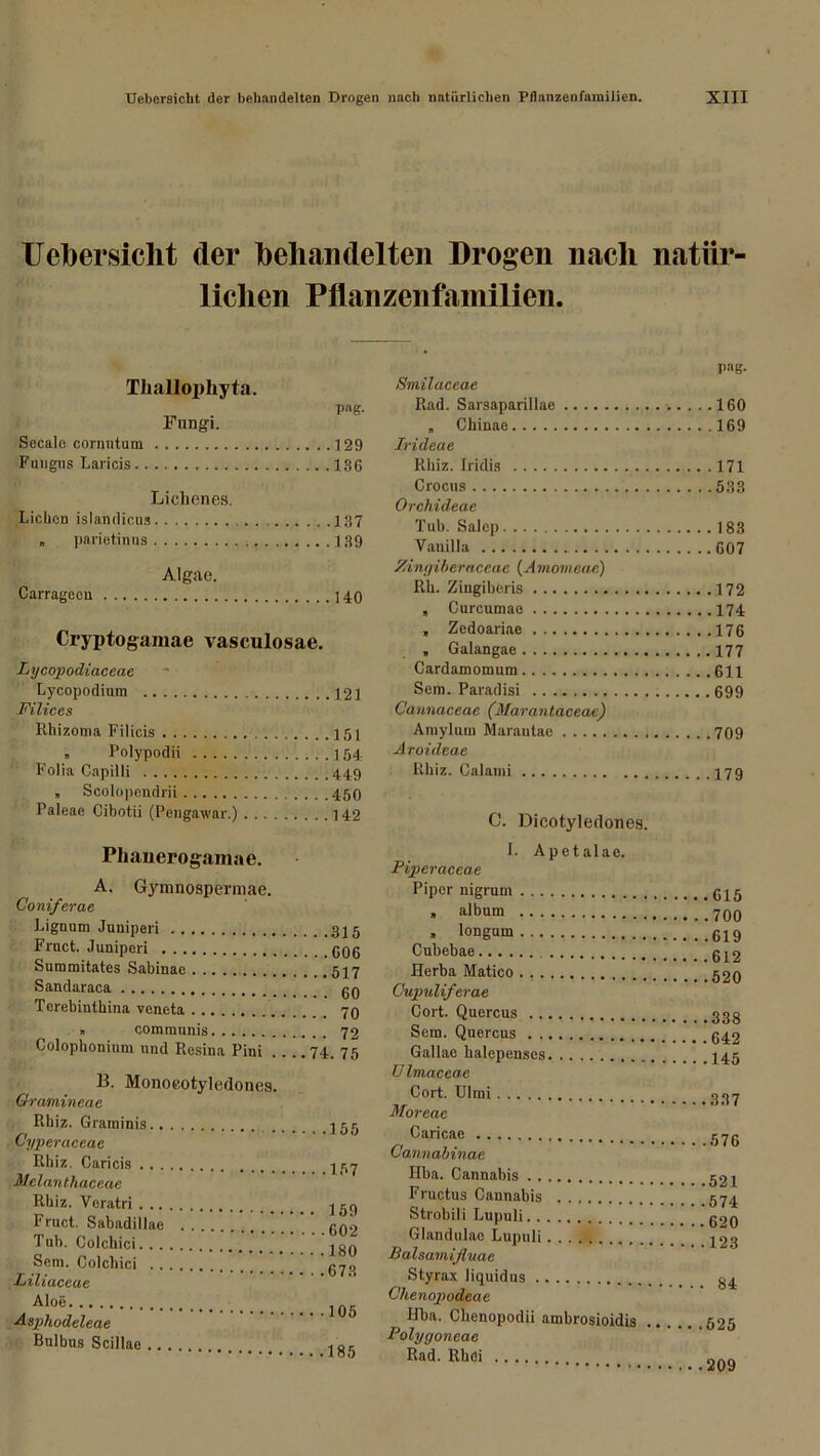 Uebersicht der behandelten Drogen nach natür- lichen Pflanzenfamilien. Thallophyta. Secale cornntum 129 Fuugus Laricis 136 Lichenes. Lichen islandicns 137 „ parietinns 139 Algnc. Carrageen 140 Cryptogamae vasculosae. Lycopodiaceac Lycopodinm 121 Filiccs Rhizoma Filic.is 151 „ Polypodii 154 Folia Capilli 449 „ Scolopeudrii 450 Paleae Cibotii (Pengawar.) 142 pag. Smilaceae Rad. Sarsaparillae 160 „ Chinae 169 Irideae Rhiz. Iridis 171 Crocus 533 Orchideae Tub. Salcp 183 Vanilla 607 Zingiberaccae (Amomeae) Rh. Ziugiberis 172 , Curcumae 174 , Zedoariae 176 , Galangae 177 Cardamomum 611 Sem. Paradisi 699 Cannaceae (Marantaceae) Amylum Marantae 709 Aroideae Rhiz. Calami 179 C. Dicotyledones. Phauerog'amae. L Apetalae. ° Jriperaceae A. Gymnospermae. Piper nigrum Coniferae , album Lignum Jnniperi , longum Frtict. Juniperi Cubebae Summitates Sabinae Herba Matico Sandaraca Cupuli/erae Cort. Quercus Terebintbina veneta ... , » communis Sem. Quercus Colophonium und Resina Pini . -.74.75 Gallae balepenscs B. Monoeotyledones. Ulmaceae Cort. Ulmi Rhiz. Grarainis Moreac Cyperaceae Rhiz. Caricis Cannabinae Melantliaceae Rhiz. Voratri Fructus Cannabis .... Fruct. Sabadillae . . Tuh. Colcliici. . Glandulae Lupuli Sem. Colchici Balsamifluac J-jiLiaccae Aloe Chenopodcae Asphodeleae Bulbus Scillae . . . Ilba. Cbenopodii ambrosioidis Polygoneae 209