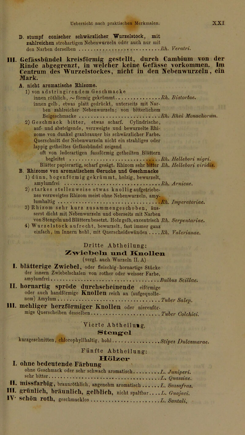 D. stumpf conischer schwärzlicher Wurzelstock, mit zahlreichen strohartigen Nebenwurzeln oder auch nur mit den Narben derselben Rh. Veratri. III. Gefässbiindel kreisförmig gestellt, durch Cambium vou der Rinde abgegrenzt, in welcher keine Gefässe Vorkommen. Im Centrum des Wurzelstockes, nicht in den Nebenwurzeln, ein Mark. A. nicht aromatische Rhizome. 1) von adstringirendem Geschmacke innen röthlich, c-o förmig gekrümmt Rh. Bistortae. innen gelb, etwas platt gedrückt, nnterseits mit Nar- ben zahlreicher Nebenwurzeln; von bitterlichem Beigeschmäcke Rh. Rhci Monachorum. 2) Geschmack bitter, etwas scharf. Cylindrische, auf- und absteigende, verzweigte und bewurzelte Rhi- zome von dunkel graubrauner bis schwärzlicher Farbe. Querschnitt der Nebenwurzeln nicht ein strahligcs oder lappig getheiltes Gefässbündel zeigend oft von lederartigen fussförmig getheilten Blättern begleitet Rh. Hellebori nigri. Blätter papierartig, scharf gesägt. Rhizom sehr bitter Rh. Hellebori viridis. B. Rhizome von aromatischem Gerüche und Geschmacke 1) dünn, bogenförmig gekrümmt, holzig, bewurzelt, amylumfrei Rh. Arnicae. 2) starkes stellenweise etwas knollig aufgetriebe- nes verzweigtes Rhizom meist ohne Nebenwurzeln, amy- lumhaltig Rh. Imperatoriae. 3) Rhizom sehr kurz zusaramengeschoben, äus- serst dicht mit Nebenwurzeln und oberseits mit Narben von Stengeln und Blättern besetzt. Holz gelb, excentrisch Rh. Serpentariac. 4) Wnrzelstock aufrecht, bewurzelt, fast immer ganz einfach, im Innern hohl, mit Querscheidewänden . .. .Rh. Valerianae. Dritte Abtheilung: Zwiebeln und Knollen (vergl. auch Wurzeln II. A) I. blätterige Zwiebel, oder fleischig-hornartige Stücke der iunern Zwiebelschalen von rother oder weisser Farbe, amylumfrei Bulbus Scillae. II. hornartig spröde durchscheinende eiförmige oder auch handförmige Knollen reich an (aufgequolle- nem) Amylum Tuber Salep. III. mehliger herzförmiger Knollen oder nierenför- mige Querscheiben desselben Tuber Colchici. Vierte Abtheiluig. Stengel kurzgeschnitten, chlorophyllhaltig, hohl stipes Dulcamarae. Fünfte Abtheilung: T , Hölzer I. ohne bedeutende Färbung ohne Geschmack oder sehr schwach aromatisch L. Juniperi. s«hr bitt°f Quassiae. II, missfarbig, braunröthlich, angenehm aromatisch L. Sassafras. III. grünlich, bräunlich, gelblich, nicht spaltbar L. Guajaci. IV1 schön roth, geschmacklos L. Santali.