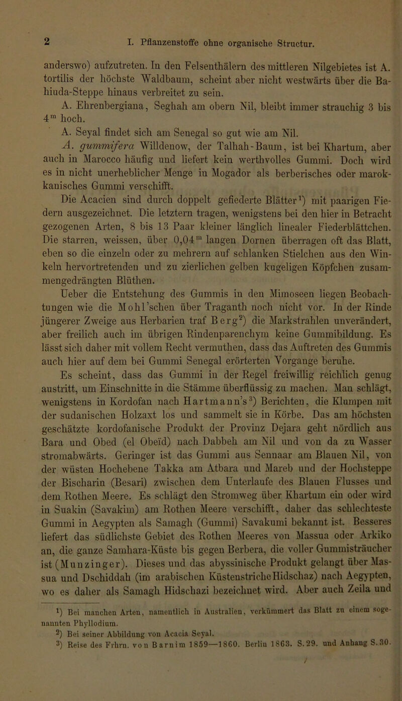 anderswo) aufzutreten. In den Felsenthälem des mittleren Nilgebietes ist A. tortilis der höchste Waldbaum, scheint aber nicht westwärts über die Ba- hiuda-Steppe hinaus verbreitet zu sein. A. Ehrenbergiana, Seghah am obern Nil, bleibt immer strauchig 3 bis 4m hoch. A. Seyal findet sich am Senegal so gut wie am Nil. A. guvimiferci Willdenow, der Talhah-Baum, ist bei Khartum, aber auch in Marocco häufig und liefert kein werthvolles Gummi. Doch wird es in nicht unerheblicher Menge in Mogador als berberisches oder marok- kanisches Gummi verschifft. Die Acacieu sind durch doppelt gefiederte Blätter1) mit paarigen Fie- dern ausgezeichnet. Die letztem tragen, wenigstens bei den hier in Betracht gezogenen Arten, 8 bis 13 Paar kleiner länglich linealer Fiederblättchen. Die starren, weissen, über 0,04m langen Dornen überragen oft das Blatt, eben so die einzeln oder zu mehrern auf schlanken Stielchen aus den Win- keln hervortretenden und zu zierlichen gelben kugeligen Köpfchen zusam- mengedrängten Blüthen. Ueber die Entstehung des Gummis in den Mimoseen liegen Beobach- tungen wie die Mohl’schen über Traganth noch nicht vor. In der Rinde jüngerer Zweige aus Herbarien traf Berg2) die Markstrahlen unverändert, aber freilich auch im übrigen Rindenpareuchym keine Gummibilduug. Es lässt sich daher mit vollem Recht vermuthen, dass das Auftreten des Gummis auch hier auf dem bei Gummi Senegal erörterten Vorgänge beruhe. Es scheint, dass das Gummi in der Regel freiwillig reichlich genug austritt, um Einschnitte in die Stämme überflüssig zu machen. Man schlägt, wenigstens in Kordofan nach Hartmann’s3) Berichten, die Klumpen mit der sudanischen Holzaxt los und sammelt sie in Körbe. Das am höchsten geschätzte kordofanisclie Produkt der Provinz Dejara geht nördlich aus Bara und Obed (el Obeid) nach Dabbeh am Nil und von da zu Wasser stromabwärts. Geringer ist das Gummi aus Senuaar am Blauen Nil, von der wüsten Hochebene Takka am Atbara und Mareb und der Hochsteppe der Bischarin (Besari) zwischen dem Unterlaufe des Blauen Flusses und dem Rothen Meere. Es schlägt den Strom weg über Khartum ein oder wird in Suakin (Savakim) am Rothen Meere verschifft, daher das schlechteste Gummi in Aegypten als Samagh (Gummi) Savakumi bekannt ist. Besseres liefert das südlichste Gebiet des Rothen Meeres von Massua oder Arkiko an, die ganze Samkara-Kiiste bis gegen Berbera, die voller Gummisträucher ist (Münzinger). Dieses und das abyssinische Produkt gelangt über Mas- sua und Dscliiddah (im arabischen KüstenstricheHidsclnaz) nach Aegypten, wo es daher als Samagh Hidschazi bezeichnet wird. Aber auch Zeila und 0 Bei manchen Arten, namentlich in Australien, verkümmert das Blatt 7,n einem soge- nannten Phyllodium. 2) Bei seiner Abbildung von Acacia Seyal. 3) Reise des Frhrn. von Barnim 1859—18G0. Berliu 18G3. S.29. und Anhang S.30.