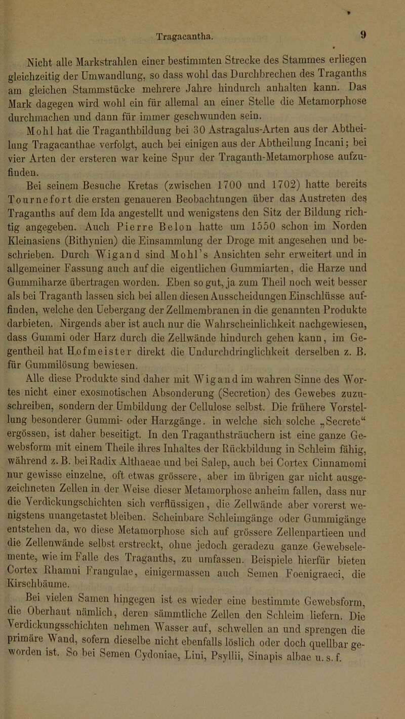 Nicht alle Markstrahlen einer bestimmten Strecke des Stammes erliegen gleichzeitig der Umwandlung, so dass wohl das Durchbrechen des Traganths am gleichen Stammstücke mehrere Jahre hindurch auhalten kann. Das Mark dagegen wird wohl ein für allemal an einer Stelle die Metamorphose durchmachen und dann für immer geschwunden sein. Mohl hat die Traganthbilduug bei 30 Astragalus-Arten aus der Abthei- lung Tragacanthae verfolgt, auch bei einigen aus der Abtheilung Incani; bei vier Arten der ersteren war keine Spur der Tragauth-Metamorphose aufzu- finden. Bei seinem Besuche Kretas (zwischen 1700 und 1702) hatte bereits Tour ne fort die ersten genaueren Beobachtungen über das Austreten des Traganths auf dem Ida angestellt und wenigstens den Sitz der Bildung rich- tig angegeben. Auch Pierre Be Ion hatte um 1550 schon im Norden Kleinasiens (Bithynien) die Einsammlung der Droge mit angesehen und be- schrieben. Durch Wigand sind Mohl’s Ansichten sehr erweitert und in allgemeiner Fassung auch auf die eigentlichen Gummiarten, die Harze und Gummiharze übertragen worden. Eben so gut, ja zum Theil noch weit besser als bei Traganth lassen sich bei allen diesen Ausscheidungen Einschlüsse auf- finden, welche den Uebergang der Zellmembranen in die genannten Produkte darbieten. Nirgends aber ist auch nur die Wahrscheinlichkeit nachgewiesen, dass Gummi oder Harz durch die Zellwände hindurch gehen kann, im Ge- gentheil hat Hofmeister direkt die Undurchdringlichkeit derselben z. B. für Gummilösung bewiesen. Alle diese Produkte siud daher mit Wigand im wahren Sinne des Wor- tes nicht einer exosmotischeu Absonderung (Secretion) des Gewebes zuzu- schreiben, sondern der Umbildung der Cellulose selbst. Die frühere Vorstel- lung besonderer Gummi- oder Harzgänge, in welche sich solche „Secrete“ ergössen, ist daher beseitigt. In den Traganthsträuchern ist eine ganze Ge- websform mit einem Theile ihres Inhaltes der Rückbildung in Schleim fähig, während z. B. bei Radix AJthaeae und bei Salep, auch bei Cortex Ciunamomi nur gewisse einzelne, oft etwas grössere, aber im übrigen gar nicht ausge- zeichneten Zellen in der Weise dieser Metamorphose anheim fallen, dass nur die Yerdickungschichten sich verflüssigen, die Zellwände aber vorerst we- nigstens unangetastet bleiben. Scheinbare Schleimgänge oder Gummigänge entstehen da, wo diese Metamorphose sich auf grössere Zellenpartieen und die Zellenwände selbst erstreckt, ohue jedoch geradezu ganze Gewebsele- meute, wie im falle des Traganths, zu umfassen. Beispiele hierfür bieten Gortex hhamni Fraugulae, einigermassen auch Semen Foenigraeci, die Kirschbäume. Bei vielen Samen hingegen ist es wieder eine bestimmte Gewebsform, die Oberhaut nämlich, deren sämmtliche Zellen den Schleim liefern. Die Verdickungsschichten nehmen Wasser auf, schwellen an und sprengen die piimäie Wand, sofern dieselbe nicht ebenfalls löslich oder doch quellbar ge- worden ist. So bei Semen Oydoniae, Lini, Psyllii, Sinapis albae u. s. f.