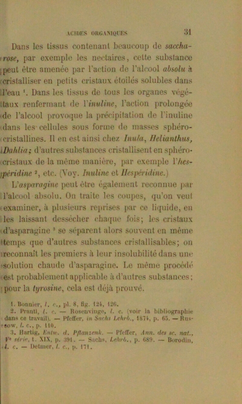 Dans les tissus contenant beauconp de Saccha- rose, par exemple les neetaires, celte substance (peul etre amenee par Faction de l’alcool absolu h , cristalliser en petits cristaux etoiles solubles dans l’eau *. Dans les tissus de tous les Organes vege- ;taux renfermant de Yinvline, Faction prolongee •de l’alcool provoque la precipitation de Finuline dans les cellules sous forme de masses sphero- ■ cristallines. II en est ainsi chez Inula, Helianthus, iDahlia; d’autres substances cristallisent en sphero- cristaux de la meine maniere, par exemple Yhes- fperidine J, etc. (Voy. Inuline et Ihsperidine.) L'asparagine peut etre egalement reconnue par l’alcool absolu. On traitc les coupes, qu’on veut examiner, ä plusieurs reprises par ce liquide, en les laissanl dessecher ehaque fois; les cristaux «d’asparagine * se separent alors souvent en memo ifcetnps que d’autres substances crisfallisables; on reconnait les premiers ;i leur insolubilitedans um* -solution chaude (l’asparagine. Le meme procede est probableiuent applicable ü d’autres substances ; pour la tyrosine, cela est de ja prouve. 1. Bonnier, /. > pl. 8, ti^'. 124, 120. 2. I'rantt, l. — Roseuviugc, I. c. (voir la Bibliographie dans ce Iravail). — Pfeffer, in Sachs Lehrt/., 1874, p. 65. —Rns- • sow, /. c., p. Uft. 3. Hartig, Entv. d. Pflemzenk. — Pfeffer, Ann. des sc. nat., V* strir, t. MX, p. 3»|. — Sach*, Lehrt/., p. 689. — Borodin, l. c. — Detmer, t. c., p. 171.