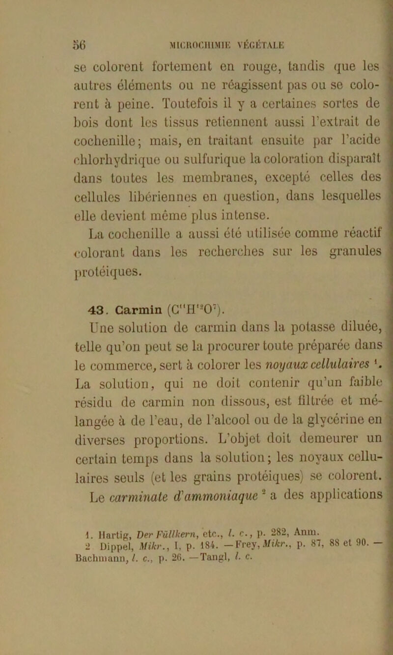 se colorent fortement en rouge, landis que les autres elements ou ne reagissent pas ou se colo- rent ä peine. Toutefois il y a certaines sortes de bois dont les tissus retiennent aussi l’extrait de eoclienillo; mais, en traitant ensuite par l’acide chlorhydrique ou sulfurique la coloralion disparait dans toutes les membranes, excepte celles des cellules liberiennes en question, dans lesquelles eile devient meine plus intense. La Cochenille a aussi eie utilisee comme reactif colorant dans les reckerches sur les granules proteiques. 43. Garmin (CH's07). Une solution de carmin dans la potasse diluee, teile qu’on peut se la procurer toute preparee dans le commerce, sert ä colorer les noyaux celliilaires La solution, qui ne doit contenir qu’un faible residu de carmin non dissous, est flltree et me- langee ä de l’eau, de l’alcool ou de la glycerine en diverses proportions. L’objet doit demeurer un ccrtain temps dans la solution; les noyaux collu- laires seuls (et les grains proteiques) se colorenl. Le carminate d'ammoniaque 2 a des applications I. Hartig, Der Füllkern, etc., I. c., p. 282, Amu. 2 Dippel, Mikr., I, p. 184. — Frey, Mikr., p. 87, 88 et 90. — Bachmann, /. c., p. 26. —Tangl, I■ c.