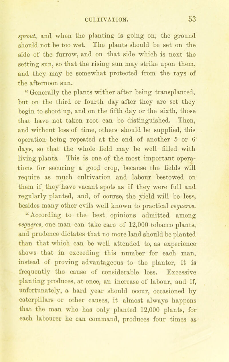 sprout, and when the planting is going on, the ground should not he too wet. The plants should he set on the side of the furrow, and on that side which is next the setting sun, so that the rising sun may strike upon them, and they may he somewhat protected from the rays of the afternoon sun. “ Generally the plants wither after being transplanted, but on the third or fourth day after they are set they begin to shoot up, and on the fifth day or the sixth, those that have not taken root can be distinguished. Then, and without loss of time, others should be supplied, this operation being repeated at the end of another 5 or 6 days, so that the whole field may be well filled with living plants. This is one of the most important opera- tions for securing a good crop, because the fields will require as much cultivation and labour bestowed on them if they have vacant spots as if they were full and regularly planted, and, of course, the yield will be less, besides many other evils well known to practical vegueros. “According to the best opinions admitted among vegueros, one man can take care of 12,000 tobacco plants, and prudence dictates that no more land should be planted than that which can be well attended to, as experience shows that in exceeding this number for each man, instead of proving advantageous to the planter, it is frequently the cause of considerable loss. Excossive planting produces, at once, an increase of labour, and if, unfortunately, a hard year should occur, occasioned by caterpillars or other causes, it almost always happens that the man who has only planted 12,000 plants, for each labourer he can command, produces four times as