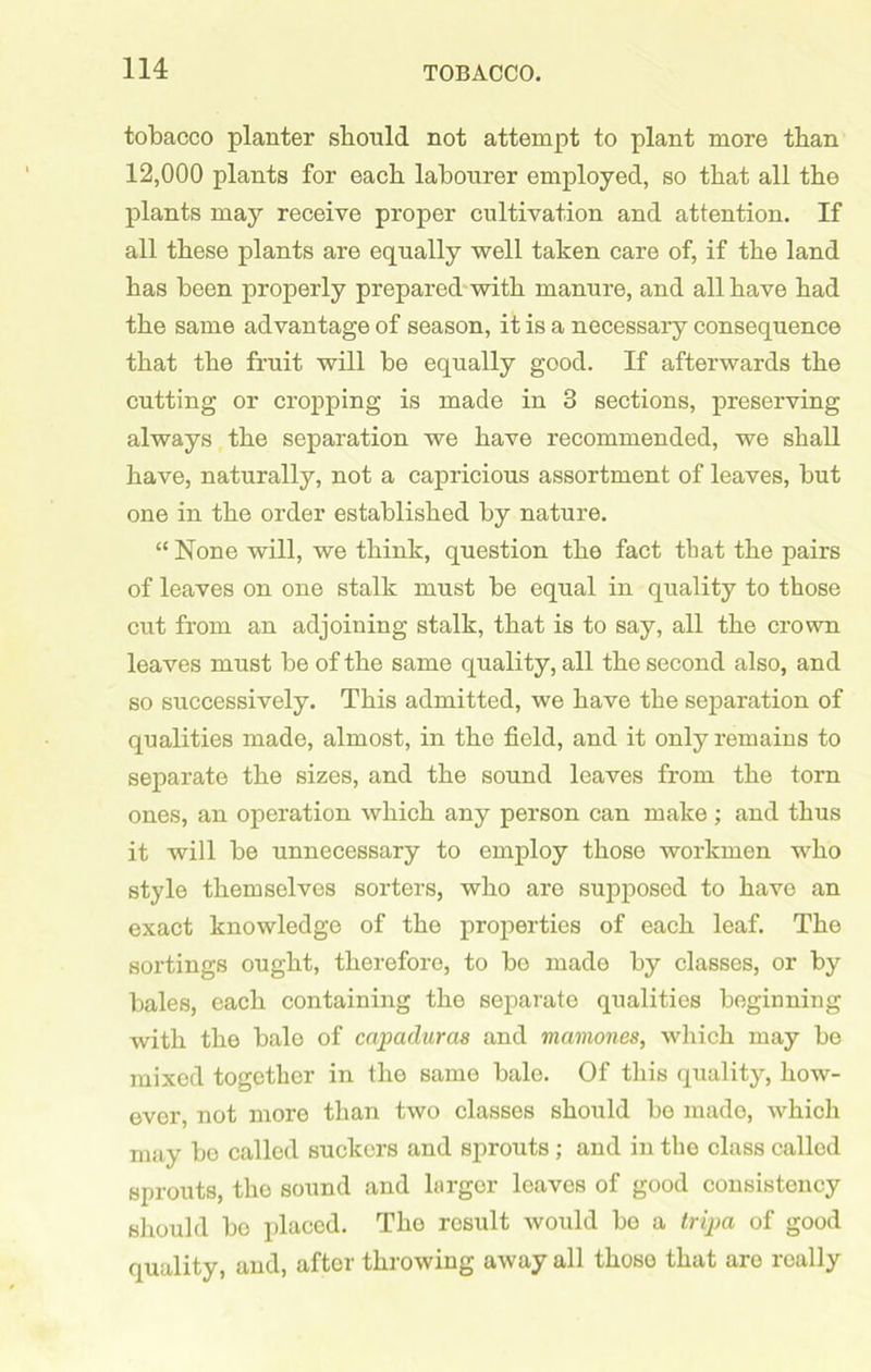 tobacco planter should not attempt to plant more than 12,000 plants for each labourer employed, so that all the plants may receive proper cultivation and attention. If all these plants are equally well taken care of, if the land has been properly prepared with manure, and all have had the same advantage of season, it is a necessary consequence that the fruit will be equally good. If afterwards the cutting or cropping is made in 3 sections, preserving always the separation we have recommended, we shall have, naturally, not a capricious assortment of leaves, but one in the order established by nature. “ None will, we think, question the fact that the pairs of leaves on one stalk must be equal in quality to those cut from an adjoining stalk, that is to say, all the crown leaves must be of the same quality, all the second also, and so successively. This admitted, we have the separation of qualities made, almost, in the field, and it only remains to separate the sizes, and the sound leaves from the torn ones, an operation which any person can make; and thus it will be unnecessary to employ those workmen who style themselves sorters, who are supposed to have an exact knowledge of the properties of each leaf. The sortings ought, therefore, to bo made by classes, or by bales, each containing the separate qualities beginning with the balo of capacluras and mamones, which may bo mixed together in the same bale. Of this quality, how- ever, not more than two classes should bo made, which may bo called suckers and sprouts ; and in the class called sprouts, tho sound and larger leaves of good consistency should bo placed. The result would bo a tripa of good quality, and, aftor throwing away all thoso that aro really