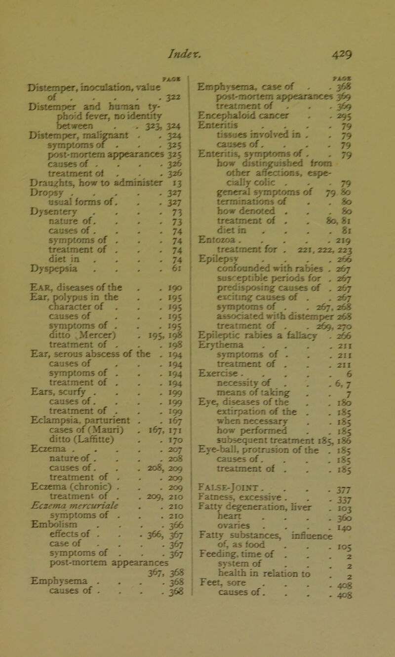 Distemper, inocolaticm, value of 322 Distemper and human ty- phoid fever, no identity between . . 323, 324 Distemper, malispiant symptoms of . post-mortem appearances 325 causes of .... 326 treatment of . . . 326 Draughts, how to administer 13 Dropsy 327 usual forms of. . . 327 Dysentery . , . - 73 nature of, . . . 73 causes of. . . - 74 symptoms of . . -74 treatment of , . *74 diet ,in , . , - 74 Dyspepsia . . . .61 le . 190 - >95 • >95 - >95 • >95 >9> >98 >98 Ear, diseases of the Ear, polypus in the CMractcr of . causes of s^ptoms of , aitto Mercer) treatment of . Ear, serous abscess of causes of symptoms of , treatment of . Ears, scurfy . causes of. treatment of . Eclampsia, parturient cases of (Mauri) ditto (Laifitte) Eczema . nature of . causes of. treatment of . Eczema (chronitp . treatment of . Eczema mercuriale sj-niptoms of . Embolism effects of . case of s>mptoms of . post-mortem appearances t. 367, 368 Emphysema .... 368 causes of . . . . 368 324 325 >94 . 194 . 194 - >94 - >99 • >99 - >99 . 167 167, 171 . 170 . 207 . 208 208, 209 . 209 . 209 209, 210 . 210 . 210 . 366 366, 367 • 367 • 367 tkOt. Emphysema, case of , , 368 p<Mt'moctem appearances 369 treatment of . . , 369 Encephalcnd cancer , , 295 Enteritis , . , ,79 tissues involved in , - 79 causes of, . . - 79 Enteritis, symptoms of , - 79 how distinguished from other aif^kms, espe- cially colic , , - 79 general symptoms of 79 80 terminations of . . 80 how denoted , , .80 treatment of . . 80,81 diet in . . . .81 Entozoa 219 treatment for , 221, 222, 223 Epilepsy , , . , 266 confounded with rabies , 267 sus^^tible periods for , 267 predisposing causes of , 267 exciting causes <rf . , 267 symptoms of , . 267, 268 associated with distemper 268 treatment of . , 269, 270 Epileptic rabies a fallacy Erythema symptoms of . treatment of , Exercise.... necessity of m^ns of taking Eye, diseases of the extirpation of the . when necessary how performed subs^uent treatment 185,186 Eye-ball, protrusion of the . 185 causes of, , , , 185 266 211 211 211 6 6. 7 7 180 >85 >83 >85 treatment of . FAI.SE-J0IST. Fatness, excessive. Fatty degeneration, liver heart ovaries Fatty substances, influ of, as food Feeding, time of , system of health in relation to Feet, sore causes of. >85 - 377 - 337 . 103 - 360 . 140 ence . 105 2 2 2 - 408 • 408