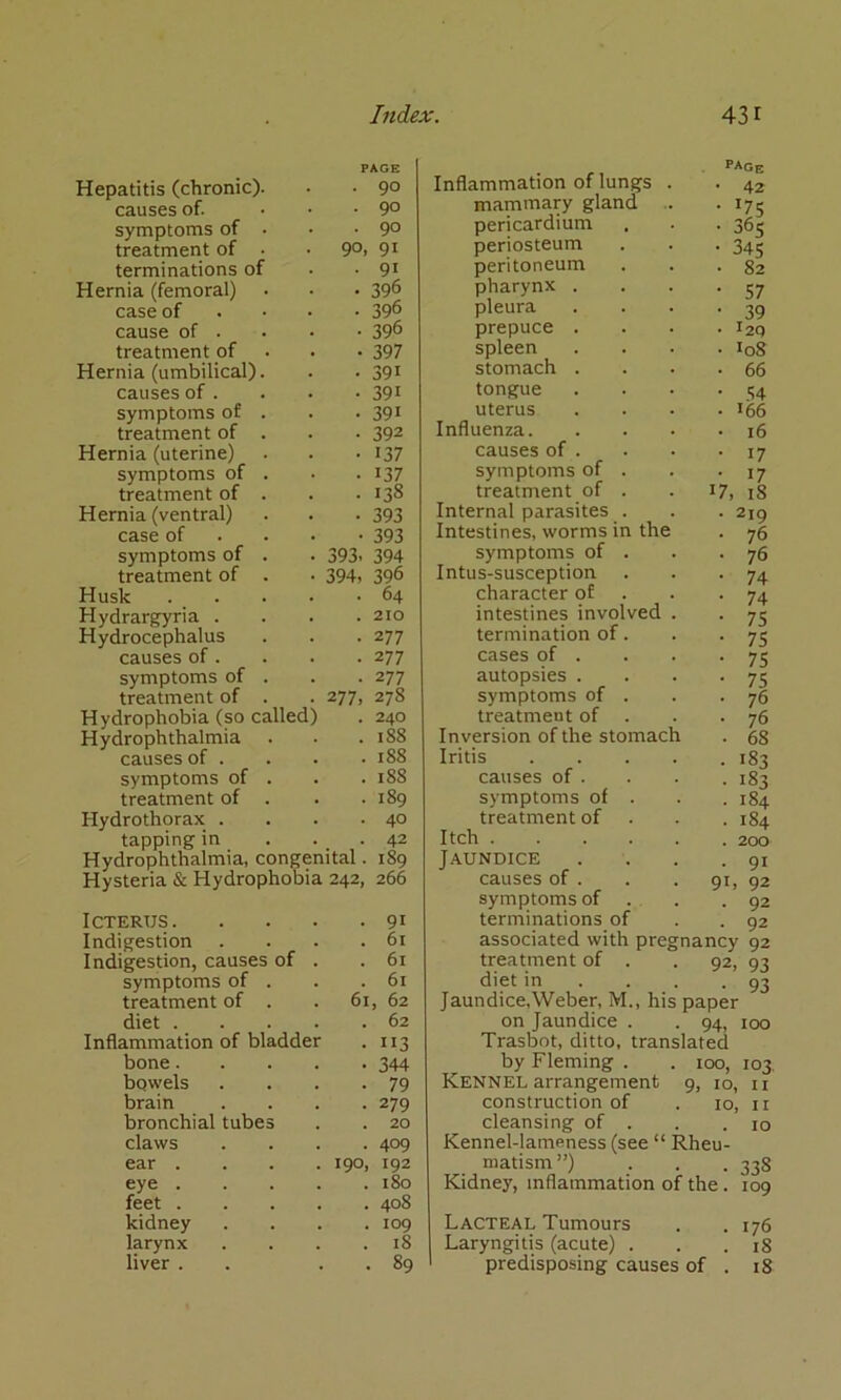 PAGE page Hepatitis (chronic). • 90 Inflammation of lungs . • 42 causes of. • 90 mammary gland .. ■ ^75 symptoms of • . 90 pericardium • 36s treatment of • 90, 91 periosteum • 345 terminations of ■ 91 peritoneum • 82 Hernia (femoral) • 396 pharynx . • 57 case of • 396 pleura • 39 cause of . • 396 prepuce . • I29 treatment of • 397 spleen • I08 Hernia (umbilical). • 391 stomach . • 66 causes of . • 391 tongue • 54 symptoms of . • 391 uterus • 166 treatment of . • 392 Influenza. • 16 Hernia (uterine) • 137 causes of . • 17 symptoms of . • 137 symptoms of . • 17 treatment of . . 138 treatment of . 17, 18 Hernia (ventral) • 393 Internal parasites . • 219 case of • 393 Intestines, worms in the • 76 symptoms of . 393. 394 symptoms of . • 76 treatment of . 394, 396 Intus-susception • 74 Husk . . . 64 character of • 74 Hydrargyria . . 210 intestines involved . • 75 Hydrocephalus • 277 termination of. • 75 causes of. . 277 cases of . • 75 symptoms of . • 277 autopsies . • 75 treatment of . 277, 278 symptoms of . • 76 Hydrophobia (so called) . 240 treatment of • 76 Hydrophthalmia . i88 Inversion of the stomach • 68 causes of . . 188 Iritis . . . . . 183 symptoms of . . 188 causes of . . 183 treatment of . . 189 symptoms of . . 184 Hydrothorax . . 40 treatment of . 184 tapping in . 42 Itch . 200 Hydrophthalmia, congenital. 189 J.A.UNDICE • 91 Hysteria & Hydrophobia 242, 266 causes of . 91, 92 symptoms of . • 92 Icterus. • 91 terminations of . 92 Indigestion . 61 associated with pregnancy 92 Indigestion, causes of . 61 treatment of . 92, 93 symptoms of . . 61 diet in . . . • 93 treatment of . 61, 62 Jaundice,Weber, M., his paper diet . . 62 on Jaundice . 94, 100 Inflammation of bladde • 113 Trasbot, ditto, translated bone. • 344 by Fleming . 100, 103 bowels • 79 Kennel arrangement 9, 10, u brain • 279 construction of 10, II bronchial tubes . 20 cleansing of . . 10 claws • 409 Kennel-lameness (see “ Rheu- ear . 190, 192 matism ”) . ;v?8 eye . . 180 Kidney, inflammation of the. loo feet . . 408 kidney . 109 Lacteal Tumours . 176 larynx . 18 Laryngitis (acute) . . 18 liver . . 89 predisposing causes of . 18