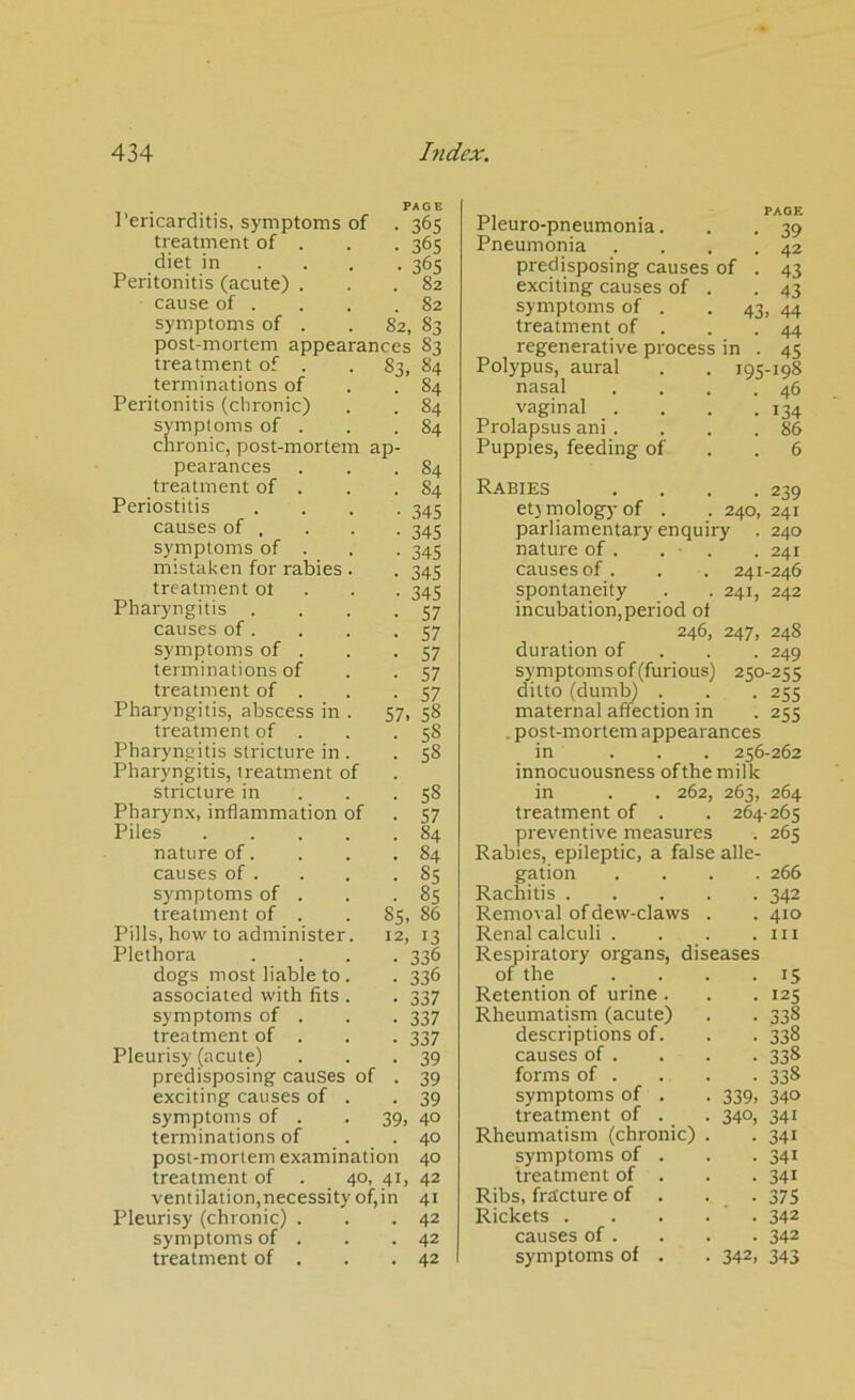 I’ericarditis, symptoms of treatment of diet in Peritonitis (acute) cause of . symptoms of ap post-mortem appearances treatment of . . S3, terminations of Peritonitis (chronic) symptoms of . chronic, post-mortem pearances treatment of . Periostitis causes of . symptoms of . mistaken for rabies treatment ot Pharyngitis causes of. symptoms of . terminations of treatment of . Pharyngitis, abscess in . 57 treatment of . Pharyngitis stricture in Pharyngitis, treatment of stricture in Pharynx, inflammation of Piles nature of. causes of . symptoms of treatment of . . 85, Pills, how to administer. 12, Plethora dogs most liable to associated with fits symptoms of . treatment of . Pleurisy (acute) predisposing causes of exciting causes of symptoms of . . 39, terminations of post-mortem examination treatment of . 40, 41, ventilation,necessity of,in Pleurisy (chronic) . symptoms of . treatment of . PAGE • 36s • 36s • 36s 82 . 82 82, 83 83 84 84 84 84 84 84 345 345 345 345 345 57 57 57 57 57 . 58 58 58 58 57 84 84 85 85 86 13 336 336 337 337 337 39 39 39 40 40 40 42 41 42 42 42 Pleuro-pneumonia. Pneumonia predisposing causes of exciting causes of . symptoms of . treatment of . regenerative process in Polypus, aural nasal vaginal Prolapsus ani . Puppies, feeding of 43. PAGE 39 42 43 43 44 44 45 195-198 46 134 86 6 Rabies . . . .239 et) molog)- of . . 240, 241 parliamentary enquiry . 240 nature of . . ■ . . 241 causes of. . . 241-246 spontaneity . . 241, 242 incubation,period ot 246, 247, 248 duration of . . . 249 symptoms of (furious) 250-255 ditto (dumb) . . .255 maternal affection in . 255 . post-mortem appearances in ... 256-262 innocuousness of the milk in . . 262, 263, 264 treatment of . 264-265 preventive measures . 265 Rabies, epileptic, a false alle- gation . 266 Rachitis .... • 342 Removal of dew-claws . . 410 Renal calculi . . Ill Respiratory organs, diseases of the • 15 Retention of urine . . 125 Rheumatism (acute) • 338 descriptions of. - 338 causes of . • 338 forms of . • 338 symptoms of . 339. 340 treatment of . _ 340, 341 Rheumatism (chronic) . • 341 symptoms of . • 341 treatment of . . 341 Ribs, fracture of . • 375 Rickets .... . 342 causes of . • 342 symptoms of . 342. 343