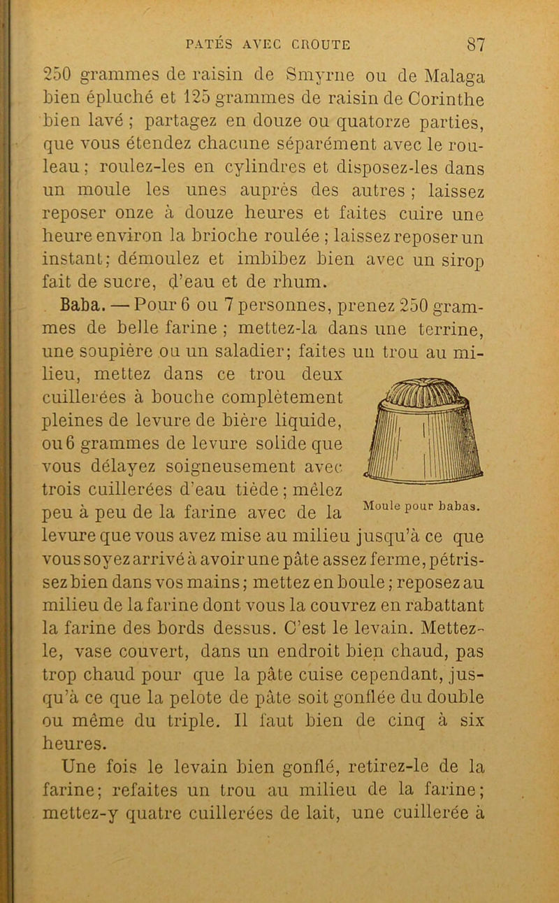 250 grammes de raisin de Smynie ou de Malaga bien épluché et 125 grammes de raisin de Corinthe bien lavé ; partagez en douze ou quatorze parties, que vous étendez chacune séparément avec le rou- leau ; roulez-les en cylindres et disposez-les dans un moule les unes auprès des autres ; laissez reposer onze à douze heures et faites cuire une heure environ la brioche roulée ; laissez reposer un instant; démoulez et imbibez bien avec un sirop fait de sucre, d’eau et de rhum. Baba. — Pour 6 ou 7 personnes, prenez 250 gram- mes de belle farine ; mettez-la dans une terrine, une soupière ou un saladier; faites un trou au mi- lieu, mettez dans ce trou deux cuillerées à bouche complètement pleines de levure de bière liquide, ou 6 grammes de levure solide que vous délayez soigneusement avec trois cuillerées d’eau tiède ; mêlez peu à peu de la farine avec de la levure que vous avez mise au milieu jusqu’à ce que vous soyez arrivé à avoir une pâte assez ferme, pétris- sez bien dans vos mains ; mettez en boule ; reposez au milieu de la farine dont vous la couvrez en rabattant la farine des bords dessus. C’est le levain. Mettez- le, vase couvert, dans un endroit bien chaud, pas trop chaud pour que la pâte cuise cependant, jus- qu’à ce que la pelote de pâte soit gonflée du double ou même du triple. Il faut bien de cinq à six heures. Une fois le levain bien gonflé, retirez-le de la farine; refaites un trou au milieu de la farine; mettez-y quatre cuillerées de lait, une cuillerée à