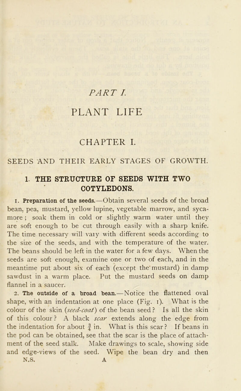 PLANT LIFE CHAPTER I. SEEDS AND THEIR EARLY STAGES OF GROWTH. 1. THE STRUCTURE OF SEEDS WITH TWO COTYLEDONS. 1. Preparation of the seeds.—Obtain several seeds of the broad bean, pea, mustard, yellow lupine, vegetable marrow, and syca- more ; soak them in cold or slightly warm water until they are soft enough to be cut through easily with a sharp knife. The time necessary will vaiy with different seeds according to the size of the seeds, and with the temperature of the water. The beans should be left in the water for a few days. When the seeds are soft enough, examine one or two of each, and in the meantime put about six of each (except the* mustard) in damp sawdust in a warm place. Put the mustard seeds on damp flannel in a saucer. 2. The outside of a broad bean.—Notice the flattened oval shape, with an indentation at one place (Fig. i). What is the colour of the skin (seed-coat) of the bean seed? Is all the skin of this colour ? A black scar extends along the edge from the indentation for about f in. What is this scar? If beans in the pod can be obtained, see that the scar is the place of attach- ment of the seed stalk. Make drawings to scale, showing side and edge-views of the seed. Wipe the bean dry and then N.S. A