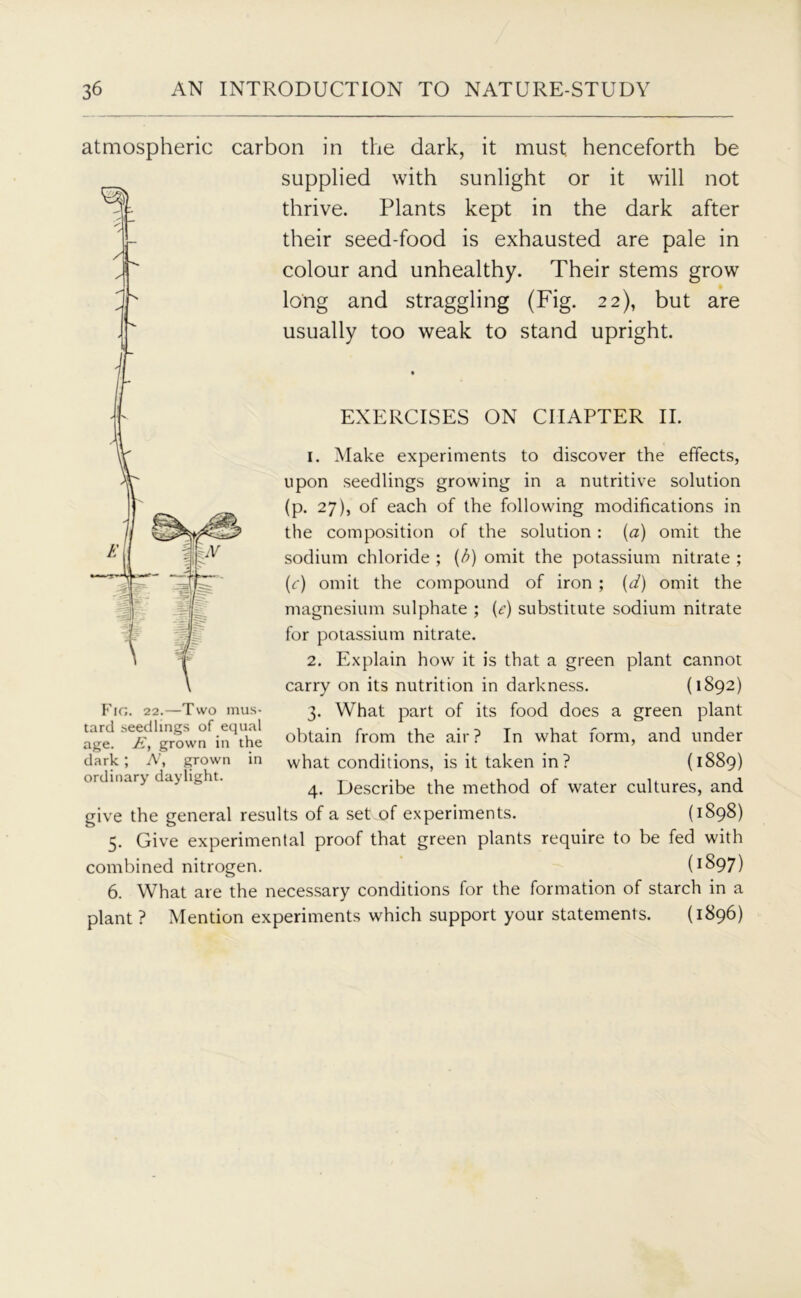 atmospheric carbon in the dark, it must henceforth be supplied with sunlight or it will not thrive. Plants kept in the dark after their seed-food is exhausted are pale in colour and unhealthy. Their stems grow long and straggling (Fig. 22), but are usually too weak to stand upright. EXERCISES ON CHAPTER II. 1. Make experiments to discover the effects, upon seedlings growing in a nutritive solution (p. 27), of each of the following modifications in the composition of the solution: (a) omit the sodium chloride ; (b) omit the potassium nitrate ; (c) omit the compound of iron ; (r/) omit the magnesium sulphate ; (<?) substitute sodium nitrate for potassium nitrate. 2. Explain how it is that a green plant cannot carry on its nutrition in darkness. (1892) 3. What part of its food does a green plant obtain from the air? In what form, and under what conditions, is it taken in? (1889) 4. Describe the method of water cultures, and give the general results of a set.of experiments. (1898) 5. Give experimental proof that green plants require to be fed with combined nitrogen. (1897) 6. What are the necessary conditions for the formation of starch in a plant ? Mention experiments which support your statements. (1896) Fig. 22.—Two mus- tard seedlings of equal age. E, grown in the dark; N, grown in ordinary daylight.