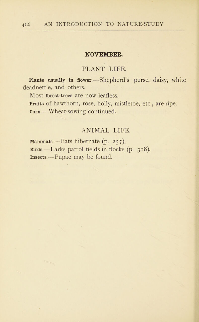 NOVEMBER. PLANT LIFE. Plants usually in flower.—Shepherd’s purse, daisy, white deadnettle, and others. Most forest-trees are now leafless. Fruits of hawthorn, rose, holly, mistletoe, etc., are ripe. Corn.—Wheat-sowing continued. ANIMAL LIFE. Mammals.—Bats hibernate (p. 257). Birds.—Larks patrol fields in flocks (p. 318). insects.—Pupae may be found.