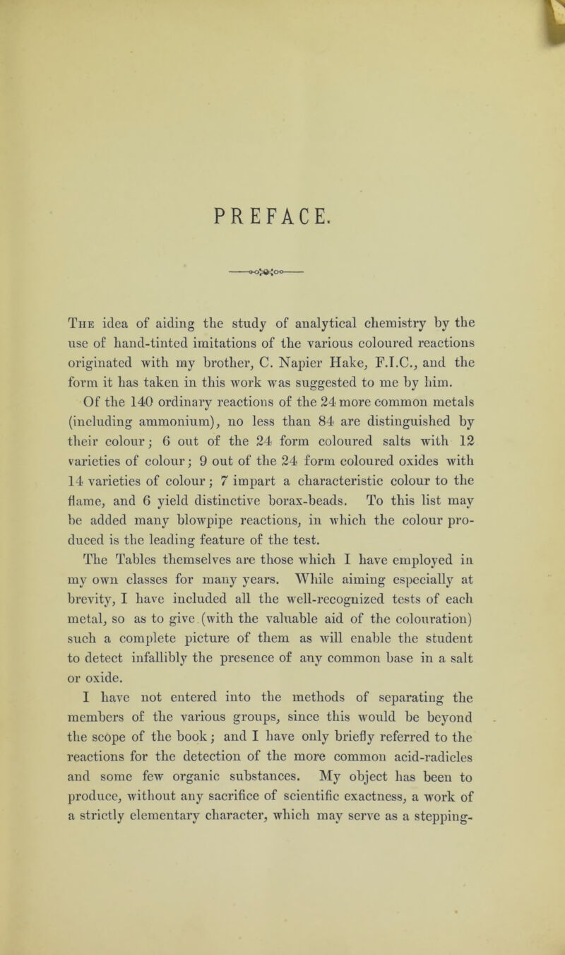 PREFACE. The idea of aiding the study of analytical chemistry by the use of hand-tinted imitations of the various coloured reactions originated with my brother, C. Napier Hake, F.I.C., and the form it has taken in this work was suggested to me by him. Of the 140 ordinary reactions of the 24 more common metals (including ammonium), no less than 84 are distinguished by their colour; 6 out of the 24 form coloured salts with 12 varieties of colour; 9 out of the 24 form coloured oxides with 14 varieties of colour; 7 impart a characteristic colour to the flame, and 6 yield distinctive borax-beads. To this list may be added many blowpipe reactions, in which the colour pro- duced is the leading feature of the test. The Tables themselves are those which I have employed in my own classes for many years. While aiming especially at brevity, I have included all the well-recognized tests of each metal, so as to give (with the valuable aid of the colouration) such a complete picture of them as will enable the student to detect infallibly the presence of any common base in a salt or oxide. I have not entered into the methods of separating the members of the various groups, since this would be beyond the scope of the book; and I have only briefly referred to the reactions for the detection of the more common acid-radicles and some few organic substances. My object has been to produce, without any sacrifice of scientific exactness, a work of a strictly elementary character, which may serve as a stepping-