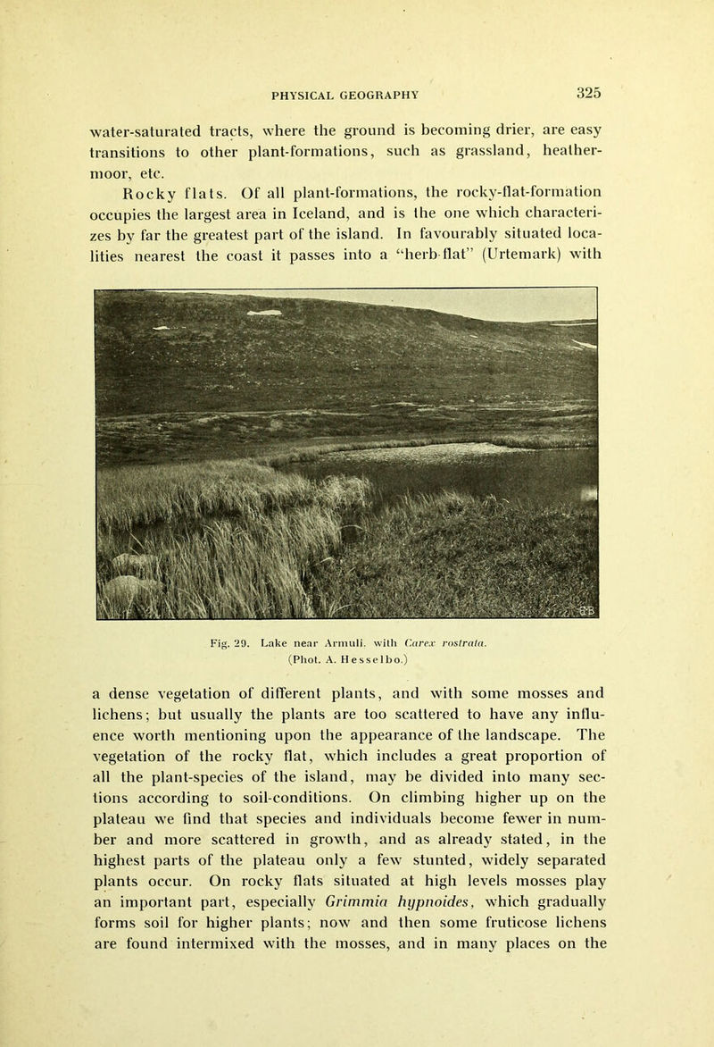 water-saturated tracts, where the ground is becoming drier, are easy transitions to other plant-formations, such as grassland, heather- moor, etc. Rocky flats. Of all plant-formations, the rocky-flat-formation occupies the largest area in Iceland, and is the one which characteri- zes by far the greatest part of the island. In favourably situated loca- lities nearest the coast it passes into a “herb flat” (Urtemark) with Fig. 29. Lake near Annuli, with Care.r rostrata. (Phot. A. Hesselbo.) a dense vegetation of different plants, and with some mosses and lichens; but usually the plants are too scattered to have any influ- ence worth mentioning upon the appearance of the landscape. The vegetation of the rocky flat, which includes a great proportion of all the plant-species of the island, may be divided into many sec- tions according to soil-conditions. On climbing higher up on the plateau we find that species and individuals become fewer in num- ber and more scattered in growth, and as already stated, in the highest parts of the plateau only a few stunted, widely separated plants occur. On rocky flats situated at high levels mosses play an important part, especially Grimmia hypnoides, which gradually forms soil for higher plants; now and then some fruticose lichens are found intermixed with the mosses, and in many places on the