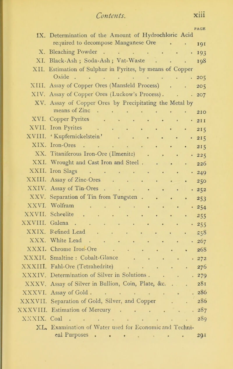 PAGE IX. Determination of the Amount of Plydrochloric Acid required to decompose Manganese Ore . . jgi X. Bleaching Powder . . . . . . • 193 XL Black-Ash ; Soda-Ash; Vat-Waste . . . 198 XII. Estimation of Sulphur in Pyrites, by means of Copper Oxide ......... 205 XIII. Assay of Copper Ores (Mansfeld Process) . . 205 XIV. Assay of Copper Ores (Luckow’s Process). . . 207 XV. x\ssay of Copper Ores by Precipitating the Metal by means of Zinc . . . . . . -210 XVI. Copper Pyrites . . . . . , *211 XVII. Iron Pyrites ....... 215 XVIII. ‘ Kupfemickelstein’ ...... 215 XIX. Iron-Ores . . . . . . . • 215 XX. Titaniferous Iron-Ore (Ilmenita) .... 225 XXL \Vrought and Cast Iron and Steel .... 226 XXII. Iron Slags ........ 249 XXIII. Assay of Zinc-Ores ...... 250 XXIV. Assay of Tin-Ores ....... 252 XXV. .Separation of Tin from Tungsten .... 253 XXVI. Wolfram 254 XXVII. .Scheelite ........ 255 XXVIII. Galena 255 XXIX. Refined Lead ....... 238 XXX. White Lead 267 XXXI. Chrome Iron-Ore ...... 268 XXXIT. Smaltine : Cobalt-Glance ..... 272 XXXIII. Fahl-Ore (Tetrahedrite) ..... 276 XXXIV. Determination of Silver in Solutions .... 279 XXXV. Assay of Silver in Bullion, Coin, Plate, &c. . . 281 XXXVI. Assay of Gold ........ 286 XXXVII. Separation of Gold, Silver, and Copper . . 286 XX.XVIII. Estimation of Mercury ...... 287 XXXIX. Coal 289 XL. Examination of Water used for Economic and Techni- cal Purposes .... . . 291