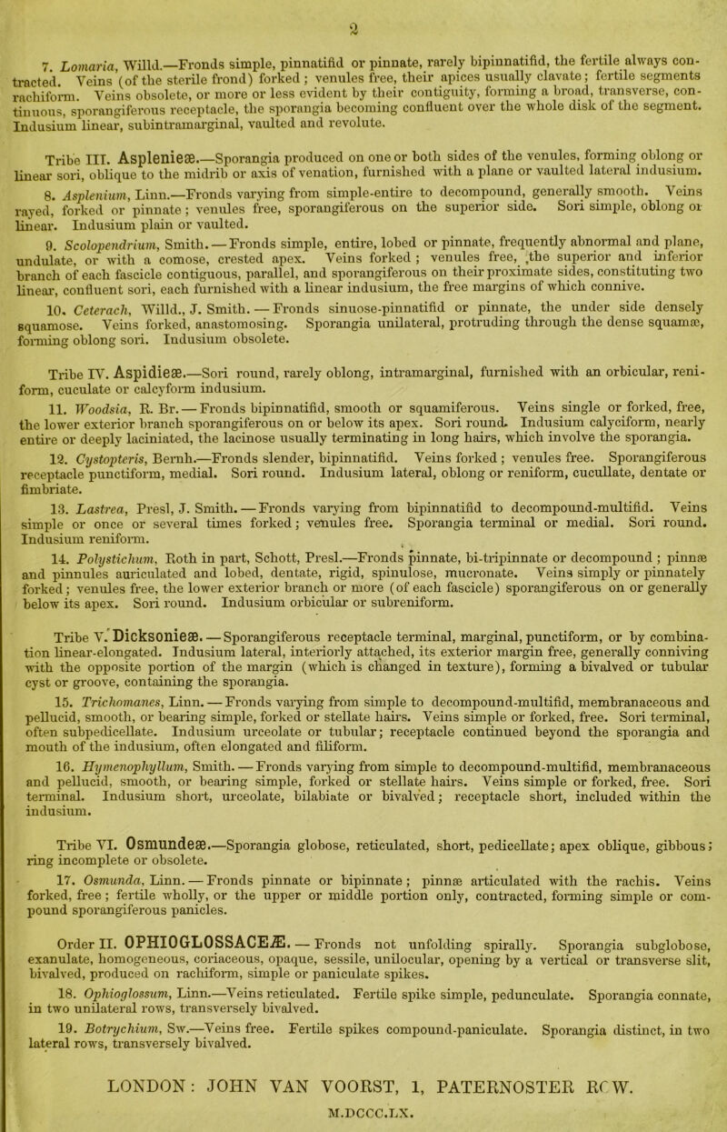 Q 7. Lomaria, Willd.—Fronds simple, pinnatifid or pinnate, rarely bipinnatifid, the fertile always con- tracted. Veins'(of the sterile frond) forked; venules free, their apices usually clavate; fertile segments rachiform. Veins obsolete, or more or less evident by their contiguity, forming a broad, transverse, con- tinuous, sporangiferous receptacle, the sporangia becoming confluent over the whole disk of the segment. Indusium linear, subintramarginal, vaulted and revolute. Tribe III. Asplenieae Sporangia produced on one or both sides of the venules, forming oblong or linear sori, oblique to the midrib or axis of venation, furnished with a plane or vaulted lateral indusium. 8. Asplenium, Linn.—Fronds varying from simple-entire to decompound, generally smooth. Veins rayed, forked or pinnate; venules free, sporangiferous on the superior side. Sori simple, oblong or linear. Indusium plain or vaulted. 9. Scolopendrium, Smith. — Fronds simple, entire, lobed or pinnate, frequently abnormal and plane, undulate, or with a comose, crested apex. Veins forked ; venules free, fhe superior and inferior branch of each fascicle contiguous, parallel, and sporangiferous on their proximate sides, constituting two linear, confluent sori, each furnished with a linear indusium, the free margins of which connive. 10. Ceterach, Willd., J. Smith.—Fronds sinuose-pinnatifid or pinnate, the under side densely squamose. Veins forked, anastomosing. Sporangia unilateral, protruding through the dense squamae, forming oblong sori. Indusium obsolete. Tribe IV. Aspidiese.—Sori round, rarely oblong, intramarginal, furnished with an orbicular, reni- form, cuculate or calcyform indusium. 11. Woodsia, R. Br. — Fronds bipinnatifid, smooth or squamiferous. Veins single or forked, free, the lower exterior branch sporangiferous on or below its apex. Sori round, Indusium calyciform, nearly entire or deeply laciniated, the lacinose usually terminating in long hairs, which involve the sporangia. 12. Cystopteris, Bernh.—Fronds slender, bipinnatifid. Veins forked ; venules free. Sporangiferous receptacle punctiform, medial. Sori round. Indusium lateral, oblong or reniform, cucullate, dentate or fimbriate. 13. Lastrea, Presl, J. Smith.—Fronds varying from bipinnatifid to decompound-multifid. Veins simple or once or several times forked; venules free. Sporangia terminal or medial. Sori round. Indusium reniform. 14. Polystichuvi, Roth in part, Schott, Presl.—Fronds pinnate, bi-tripinnate or decompound ; pinnfe and pinnules auriculated and lobed, dentate, rigid, spinulose, mucronate. Veins simply or pinnately forked; venules free, the lower exterior branch or more (of each fascicle) sporangiferous on or generally below its apex. Sori round. Indusium orbicular or subreniform. Tribe V. Dicksoniese.—Sporangiferous receptacle terminal, marginal, punctiform, or by combina- tion linear-elongated. Indusium lateral, interiorly attached, its exterior margin free, generally conniving with the opposite portion of the margin (wdiich is changed in texture), forming a bivalved or tubular cyst or groove, containing the sporangia. 15. Trichomanes, Linn. — Fronds varying from simple to decompound-multifid, membranaceous and pellucid, smooth, or bearing simple, forked or stellate hairs. Veins simple or forked, free. Sori terminal, often subpedicellate. Indusium urceolate or tubular; receptacle continued beyond the sporangia and mouth of the indusium, often elongated and filiform. 16. Hymenophyllum, Smith. — Fronds varying from simple to decompound-multifid, membranaceous and pellucid, smooth, or bearing simple, forked or stellate hairs. Veins simple or forked, free. Sori terminal. Indusium short, urceolate, bilabiate or bivalved; receptacle short, included within the indusium. Tribe VI. Osmundese.—Sporangia globose, reticulated, short, pedicellate; apex oblique, gibbous; ring incomplete or obsolete. 17. Osmunda, Linn. — Fronds pinnate or bipinnate; pinnae articulated with the rachis. Veins forked, free; fertile wholly, or the upper or middle portion only, contracted, forming simple or com- pound sporangiferous panicles. Order II. OPHIOGLOSSACEA!!. — Fronds not unfolding spirally. Sporangia subglobose, exanulate, homogeneous, coriaceous, opaque, sessile, unilocular, opening by a vertical or transverse slit, bivalved, produced on rachiform, simple or paniculate spikes. 18. Ophioglossum, Linn.—Veins reticulated. Fertile spike simple, pedunculate. Sporangia connate, in two unilateral rows, transversely bivalved. 19. Botrychium, Sw.—Veins free. Fertile spikes compound-paniculate. Sporangia distinct, in two lateral rowrs, transversely bivalved. LONDON: JOHN VAN VOORST, 1, PATERNOSTER ROW. M.DCCC.LX.
